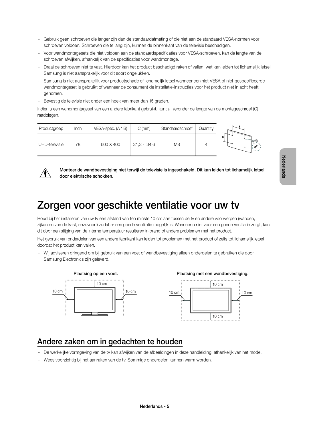 Samsung UE78HU8500LXZF manual Zorgen voor geschikte ventilatie voor uw tv, Andere zaken om in gedachten te houden, Inch 