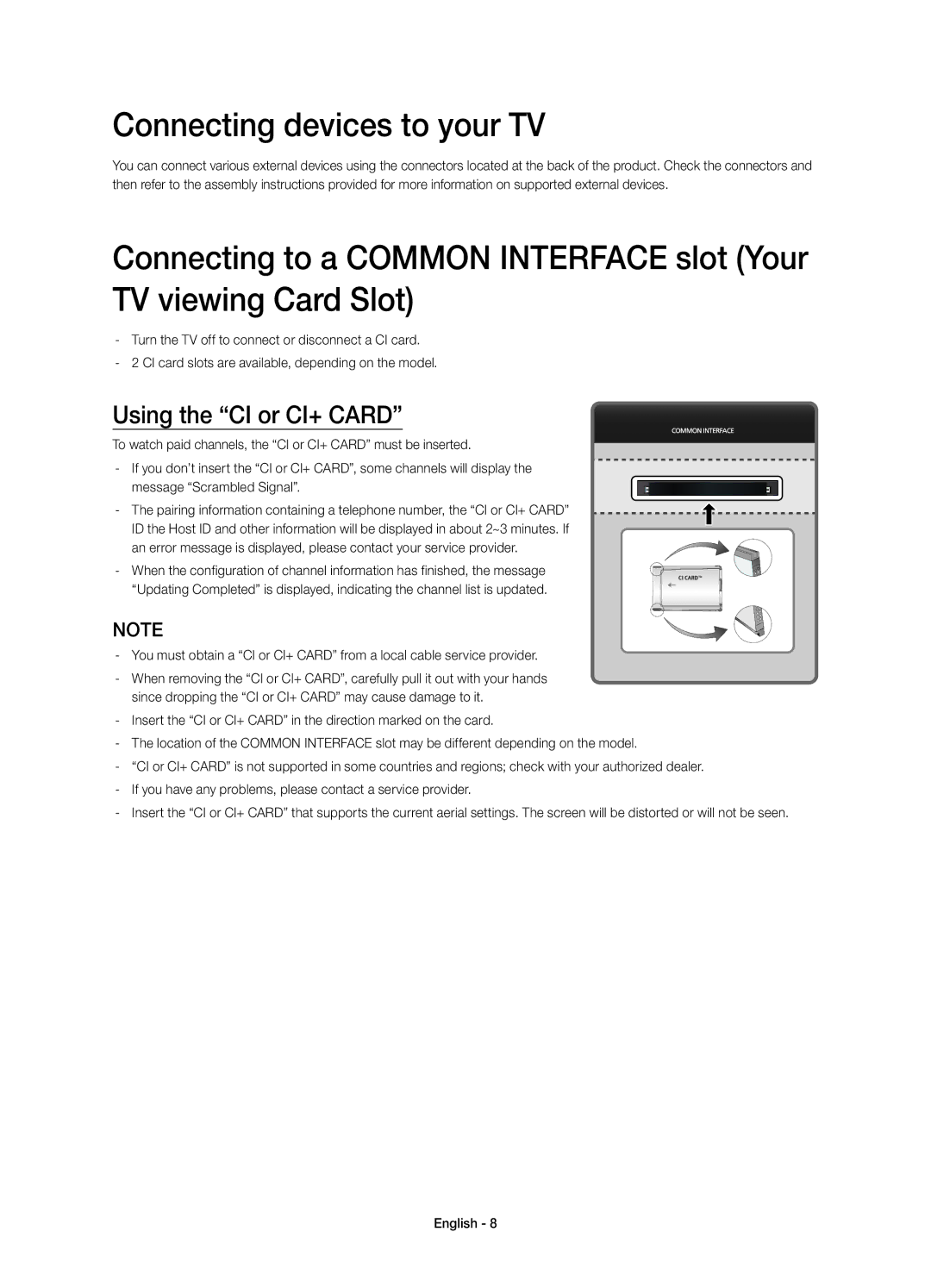 Samsung UE78HU8500LXZF manual Connecting devices to your TV, Using the CI or CI+ Card 