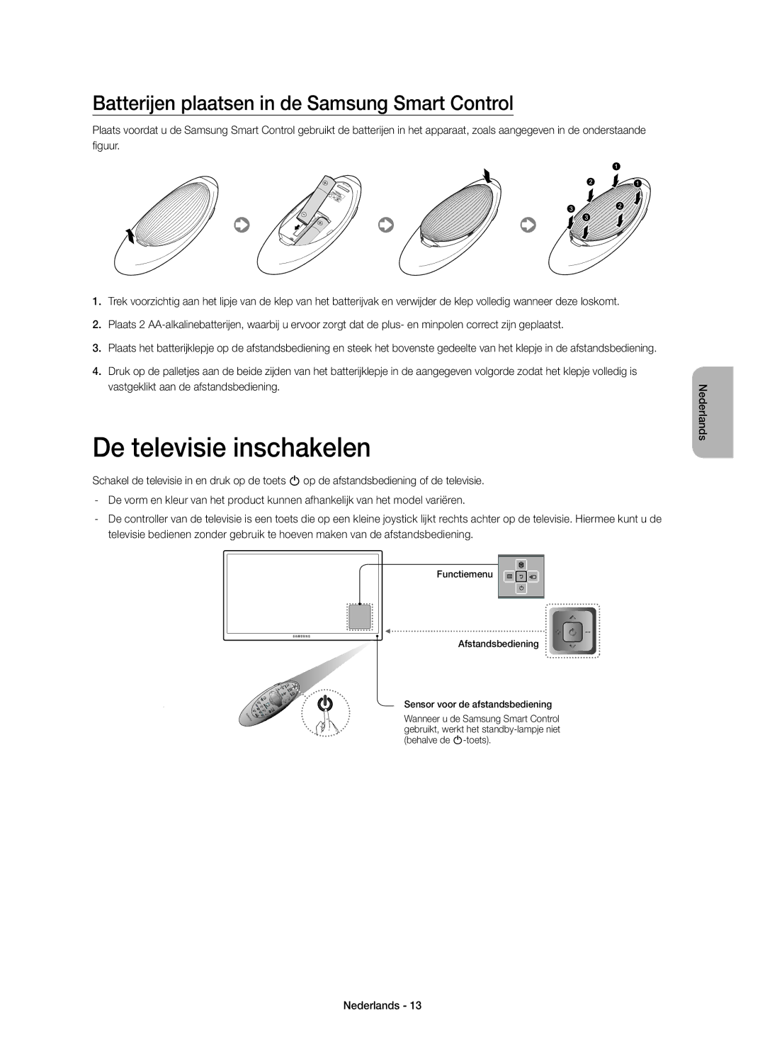 Samsung UE78HU8500LXZF manual De televisie inschakelen, Batterijen plaatsen in de Samsung Smart Control 