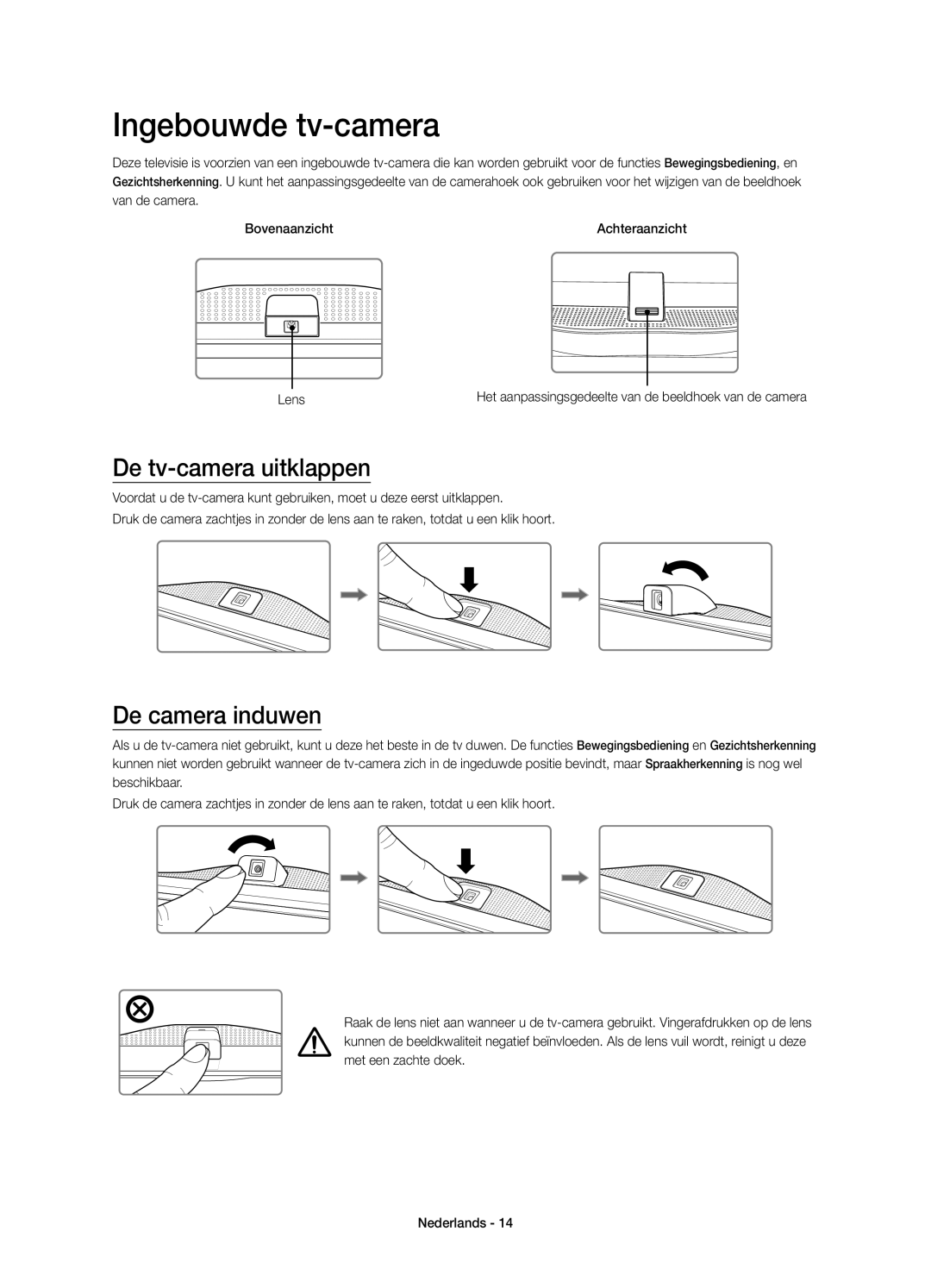 Samsung UE78HU8500LXZF manual Ingebouwde tv-camera, De tv-camera uitklappen, De camera induwen 