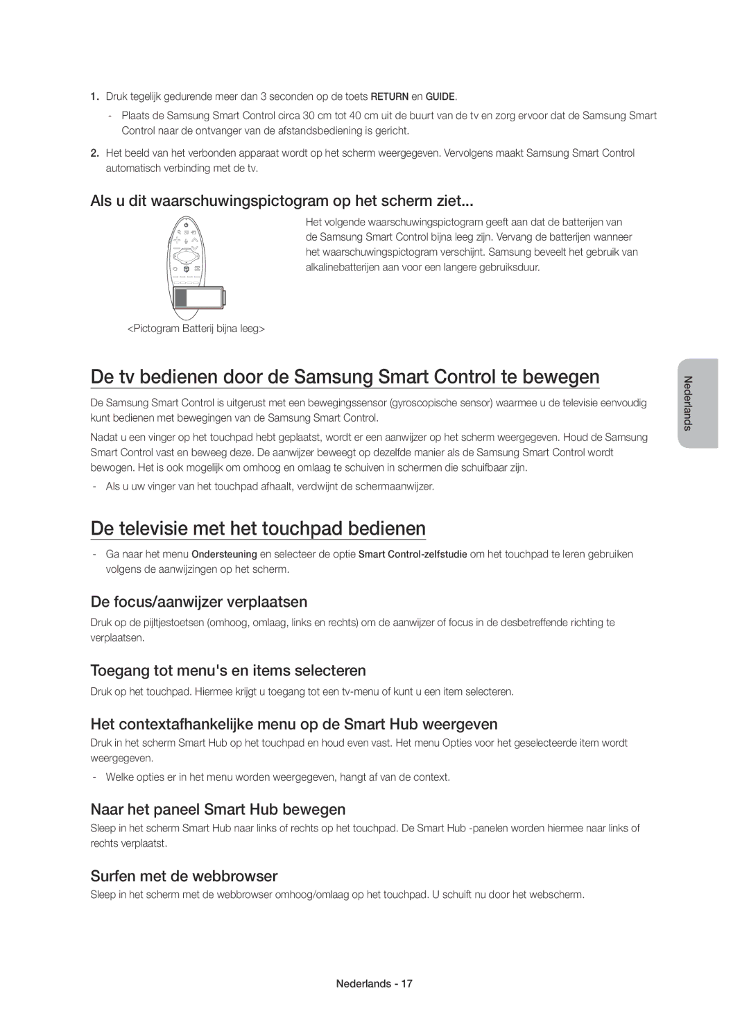 Samsung UE78HU8500LXZF De tv bedienen door de Samsung Smart Control te bewegen, De televisie met het touchpad bedienen 