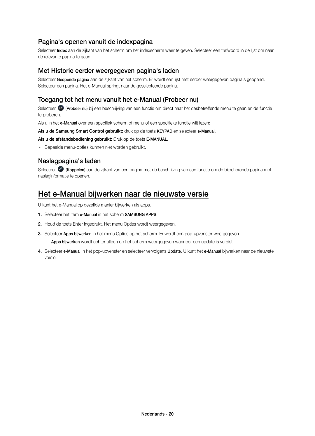 Samsung UE78HU8500LXZF manual Het e-Manual bijwerken naar de nieuwste versie, Paginas openen vanuit de indexpagina 