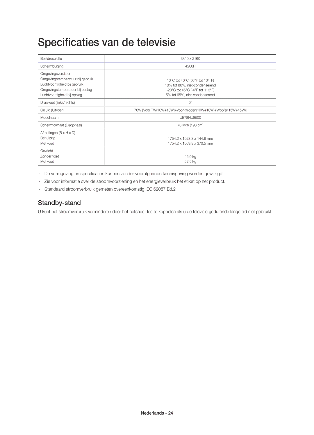 Samsung UE78HU8500LXZF manual Specificaties van de televisie, Standby-stand 