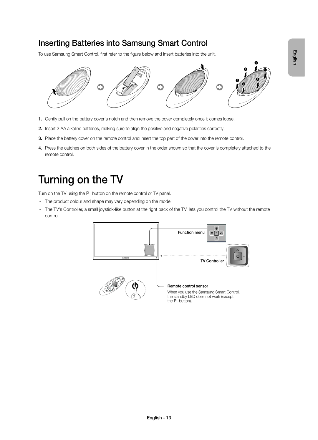 Samsung UE78HU8500ZXZT manual Turning on the TV, Inserting Batteries into Samsung Smart Control 