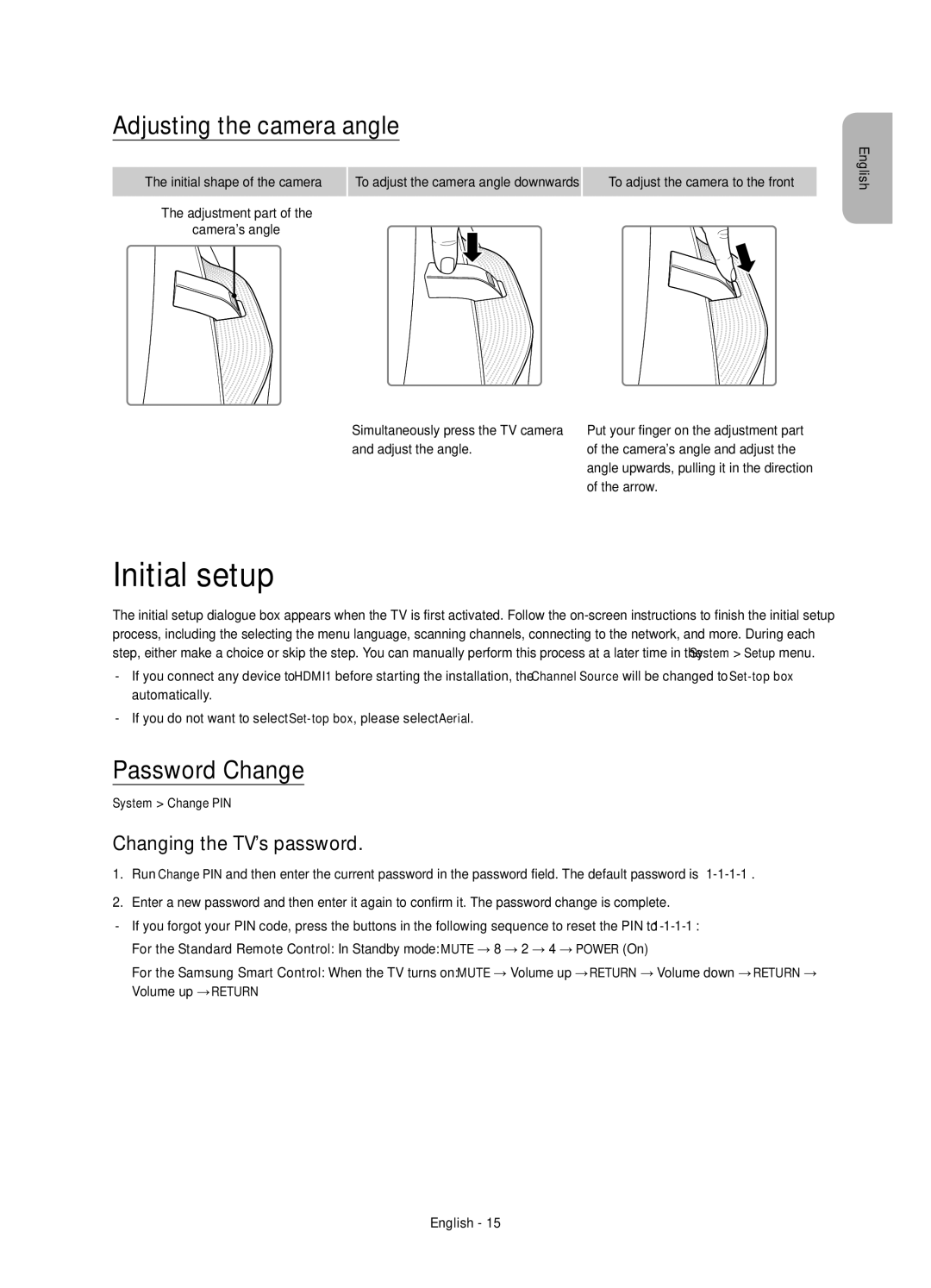 Samsung UE78HU8500ZXZT manual Initial setup, Adjusting the camera angle, Password Change, Changing the TV’s password 