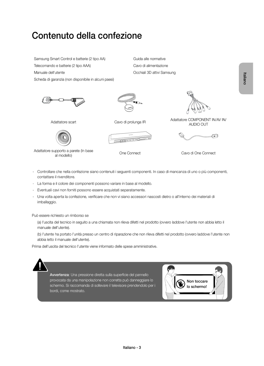 Samsung UE78HU8500ZXZT manual Contenuto della confezione, Scheda di garanzia non disponibile in alcuni paesi 