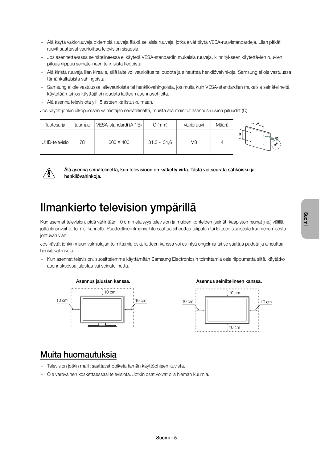 Samsung UE78HU8505QXXE manual Ilmankierto television ympärillä, Muita huomautuksia, Vakioruuvi Määrä 