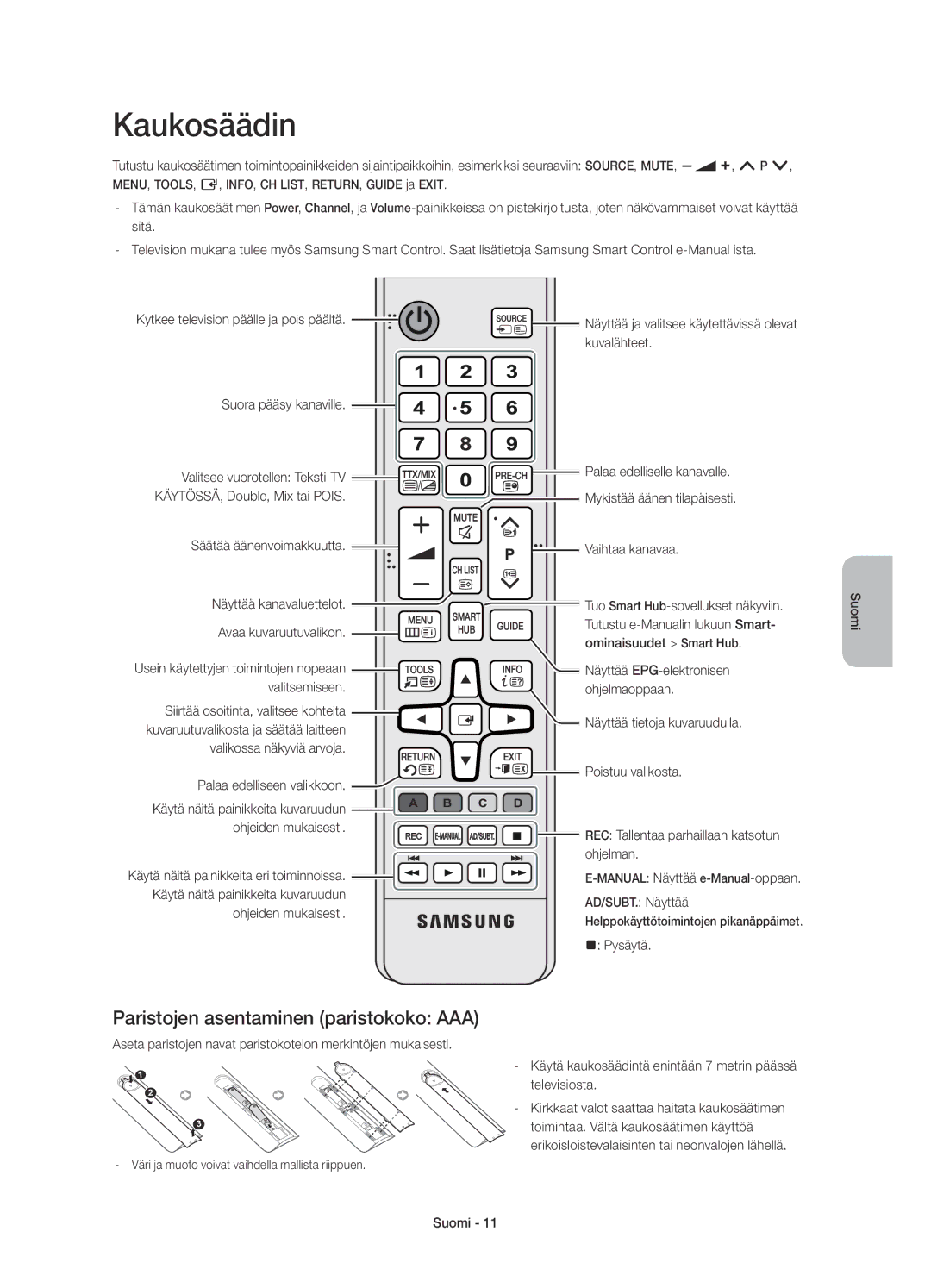 Samsung UE78HU8505QXXE manual Kaukosäädin, Paristojen asentaminen paristokoko AAA 