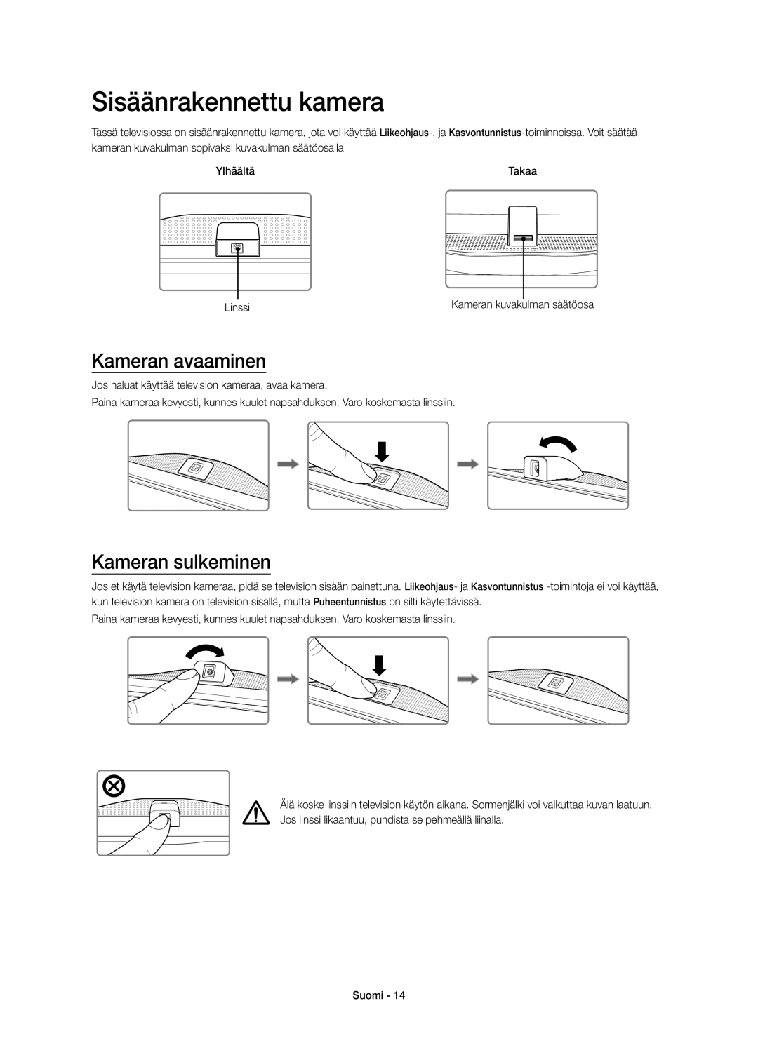 Samsung UE78HU8505QXXE manual Sisäänrakennettu kamera, Kameran avaaminen, Kameran sulkeminen, Linssi 