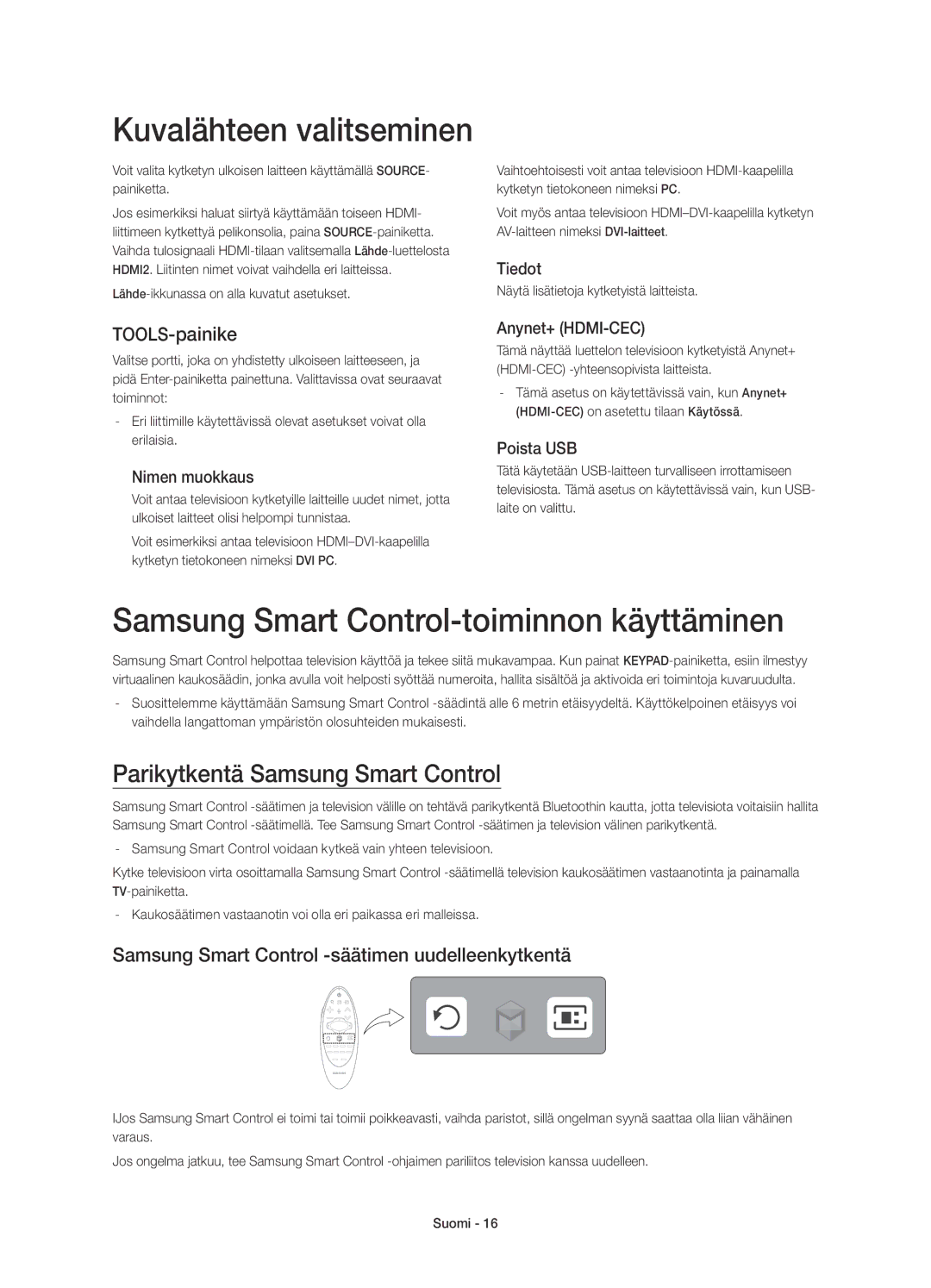 Samsung UE78HU8505QXXE manual Kuvalähteen valitseminen, Samsung Smart Control-toiminnon käyttäminen, TOOLS-painike 