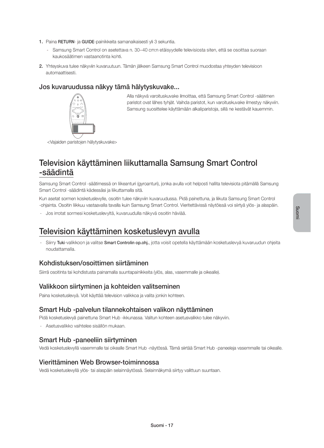 Samsung UE78HU8505QXXE manual Television käyttäminen kosketuslevyn avulla 