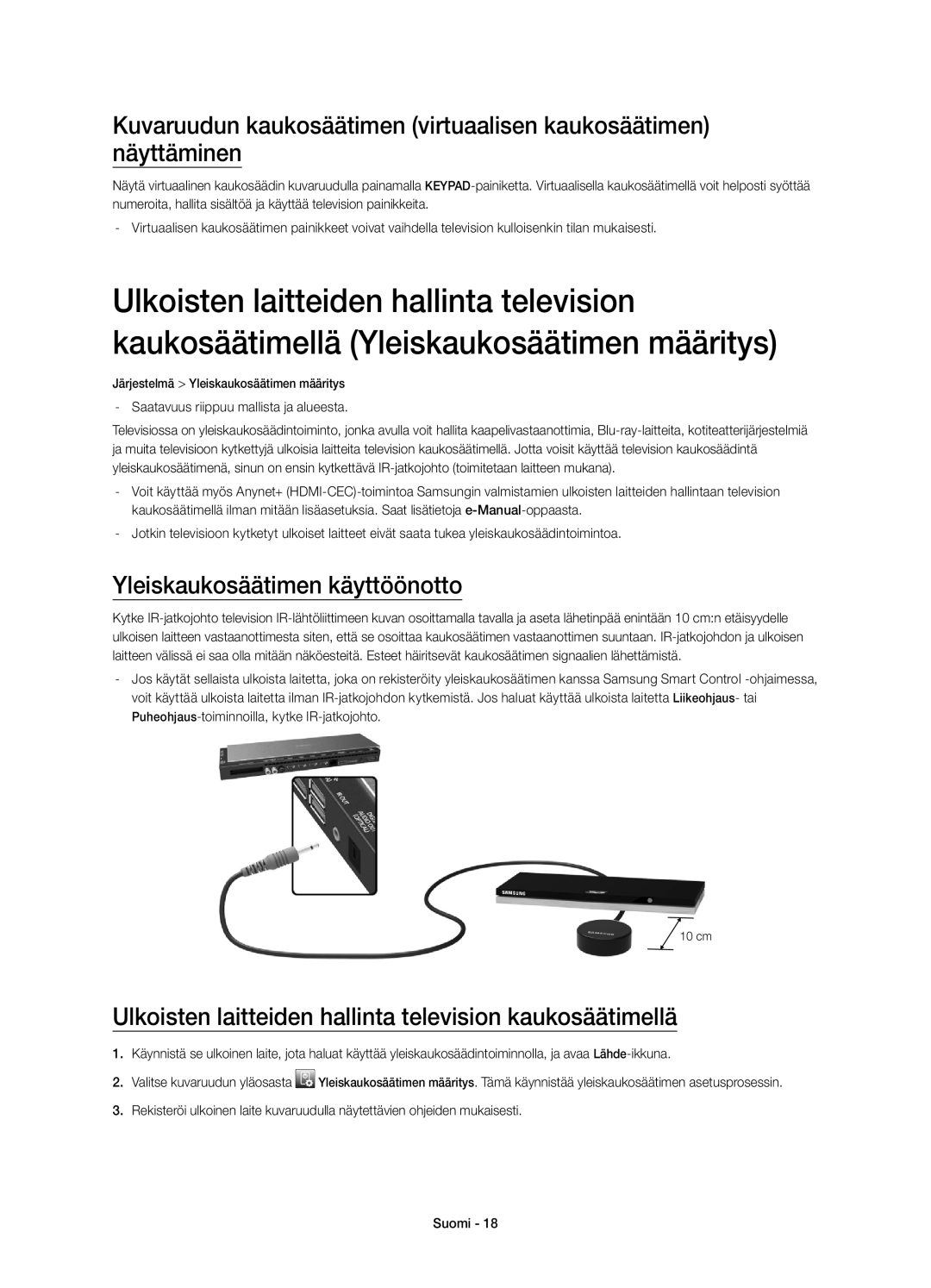 Samsung UE78HU8505QXXE manual Yleiskaukosäätimen käyttöönotto, Ulkoisten laitteiden hallinta television kaukosäätimellä 