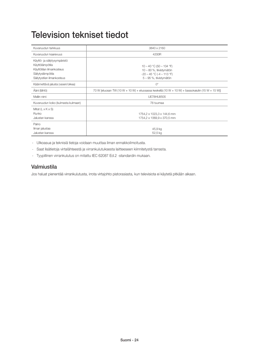 Samsung UE78HU8505QXXE manual Television tekniset tiedot, Valmiustila 