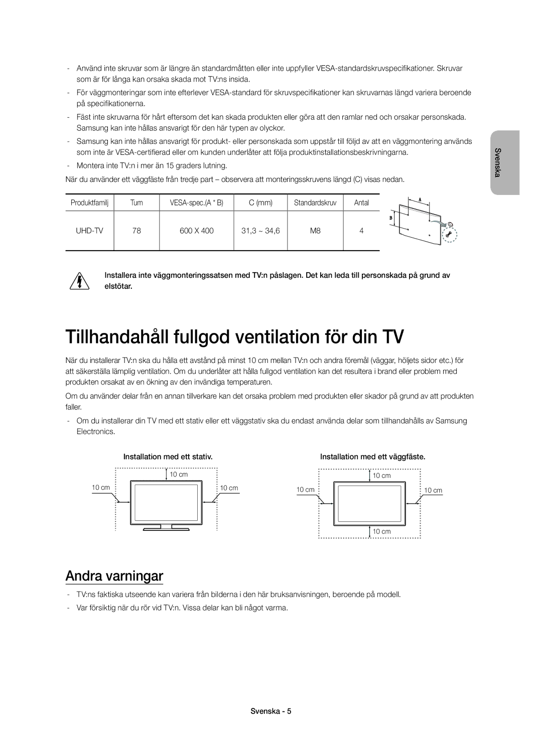 Samsung UE78HU8505QXXE manual Tillhandahåll fullgod ventilation för din TV, Andra varningar, Tum, Antal 