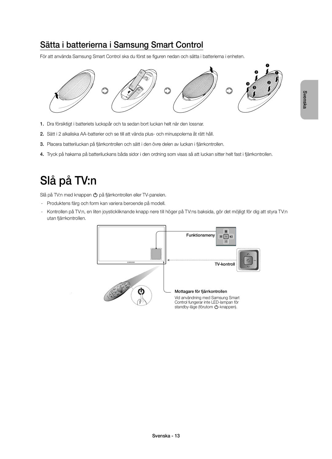 Samsung UE78HU8505QXXE manual Slå på TVn, Sätta i batterierna i Samsung Smart Control 