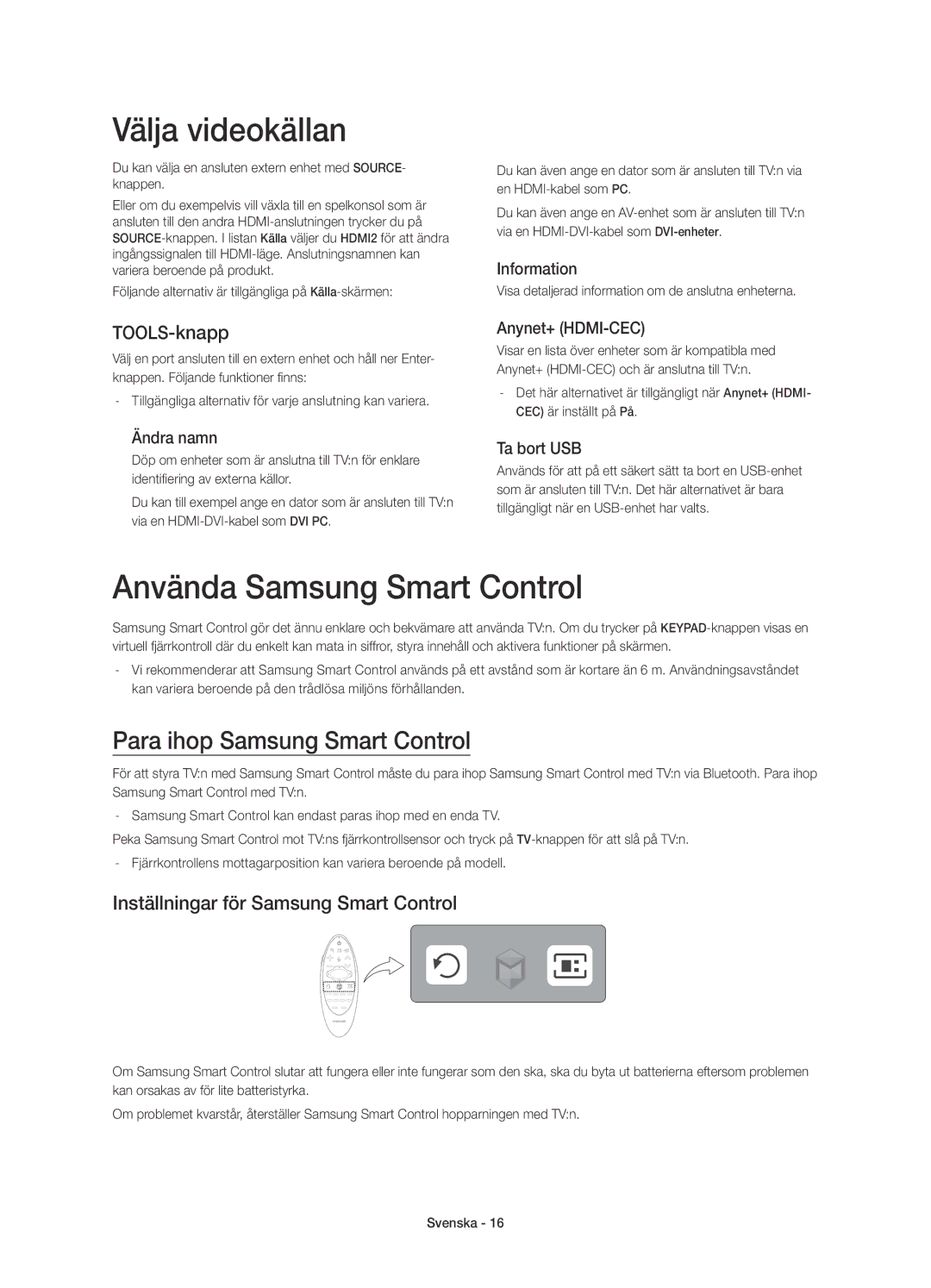 Samsung UE78HU8505QXXE Välja videokällan, Använda Samsung Smart Control, Para ihop Samsung Smart Control, TOOLS-knapp 