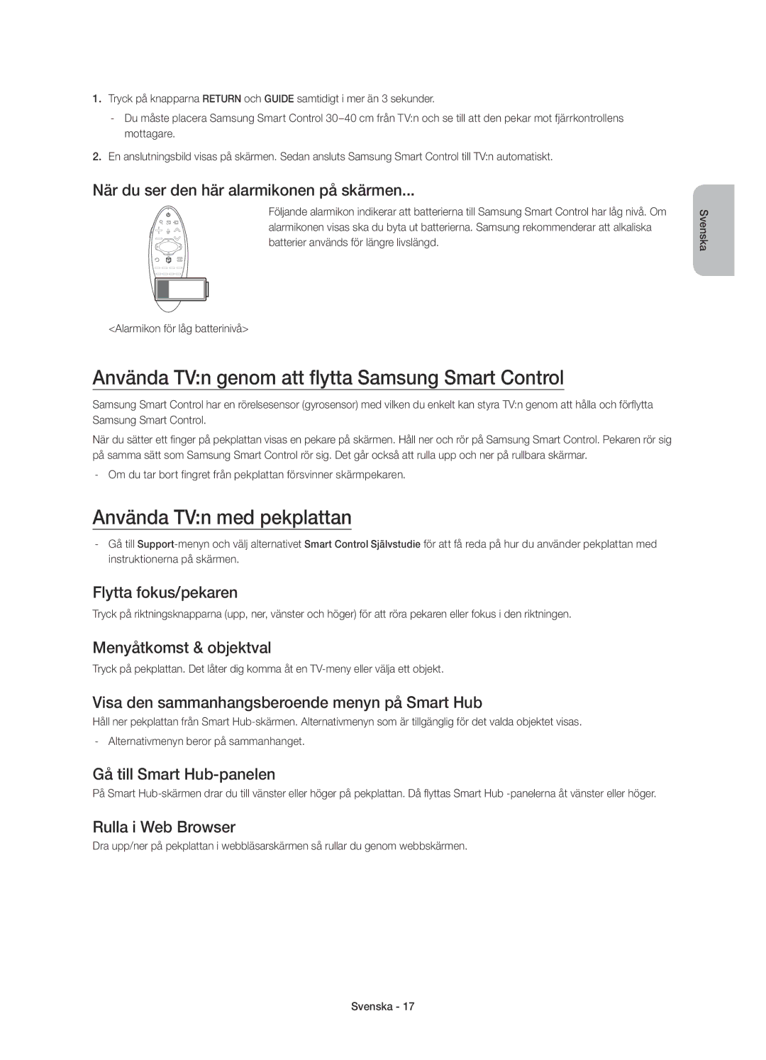 Samsung UE78HU8505QXXE manual Använda TVn genom att flytta Samsung Smart Control, Använda TVn med pekplattan 