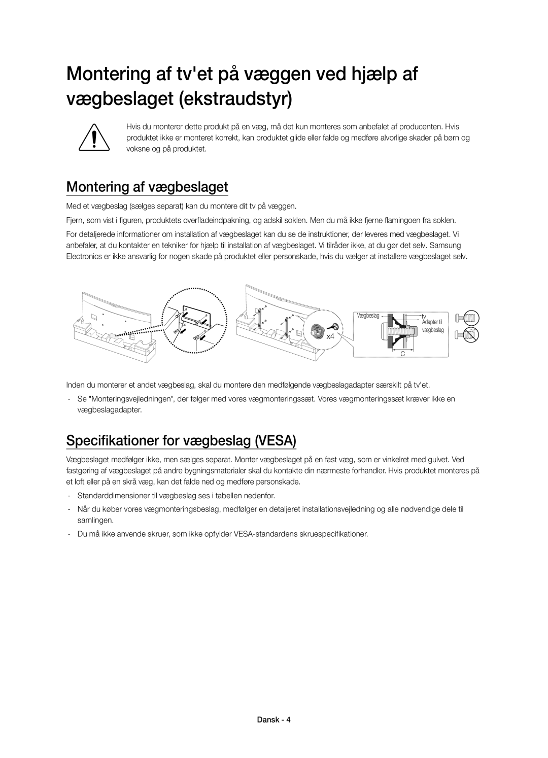 Samsung UE78HU8505QXXE manual Montering af vægbeslaget, Specifikationer for vægbeslag Vesa 