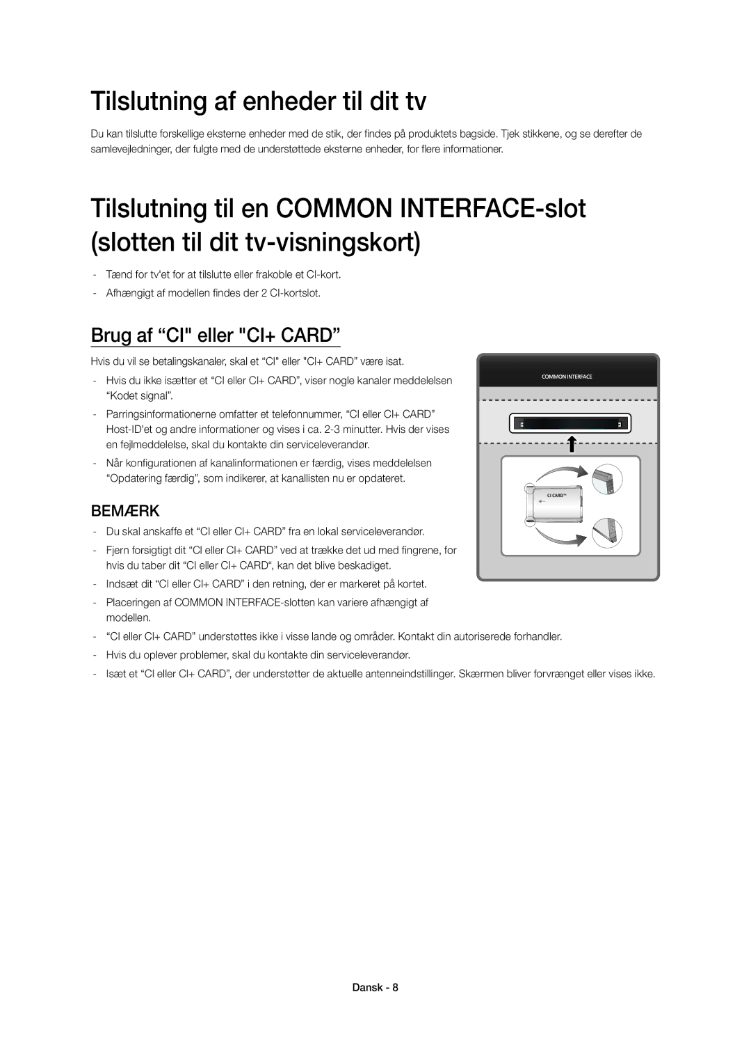 Samsung UE78HU8505QXXE manual Tilslutning af enheder til dit tv, Brug af CI eller CI+ Card 