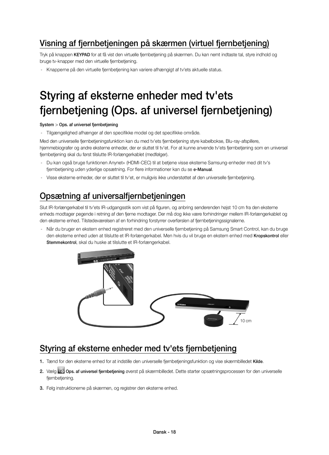 Samsung UE78HU8505QXXE manual Opsætning af universalfjernbetjeningen, Styring af eksterne enheder med tvets fjernbetjening 