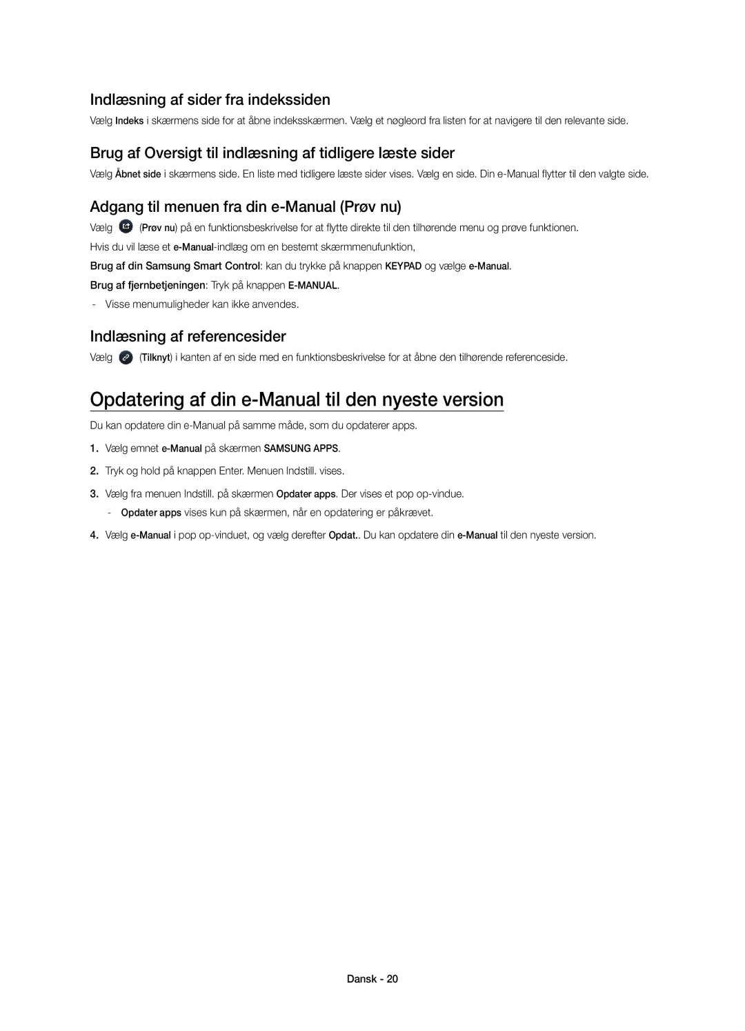 Samsung UE78HU8505QXXE manual Opdatering af din e-Manual til den nyeste version, Indlæsning af sider fra indekssiden 