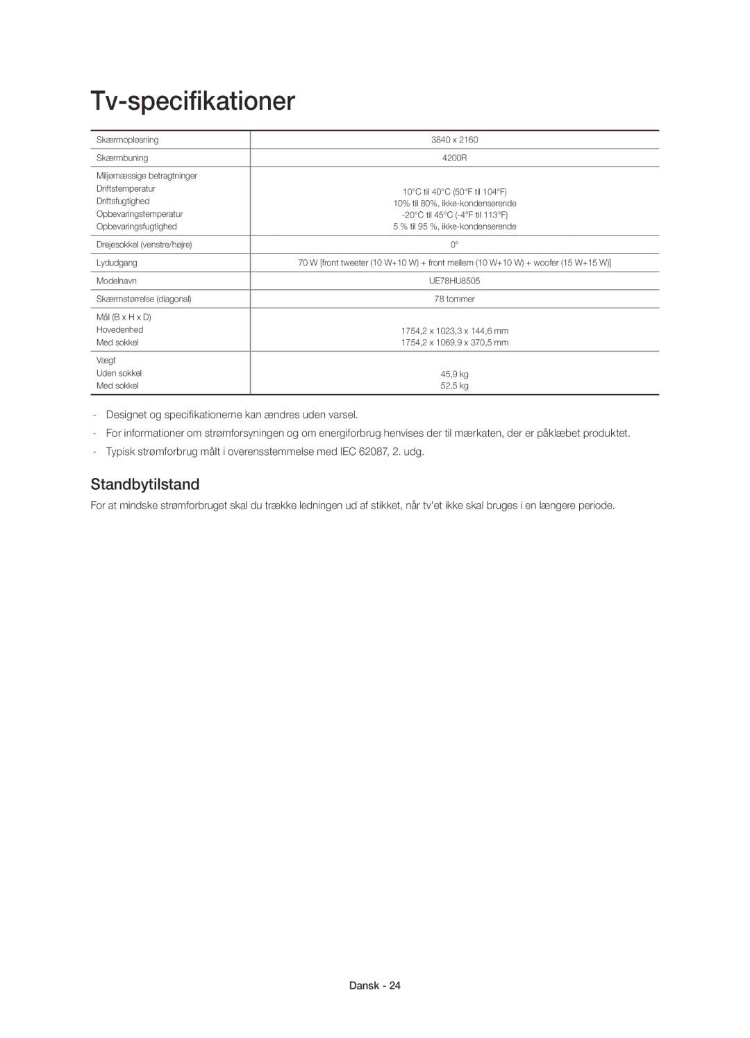 Samsung UE78HU8505QXXE manual Tv-specifikationer, Standbytilstand 