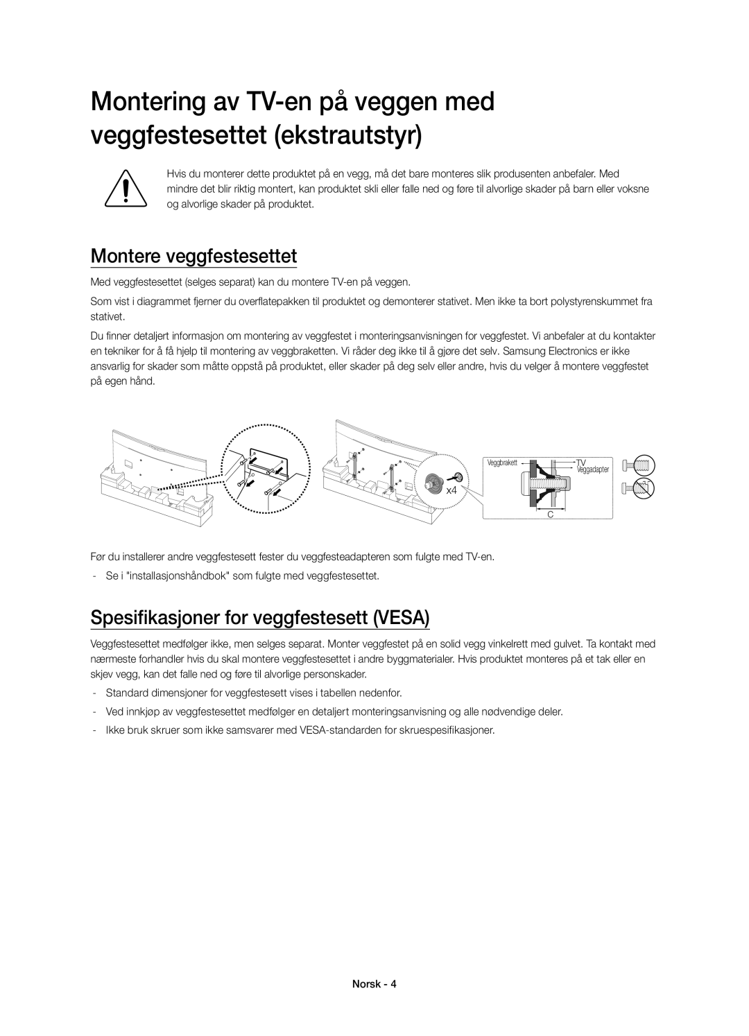 Samsung UE78HU8505QXXE manual Montere veggfestesettet, Spesifikasjoner for veggfestesett Vesa 