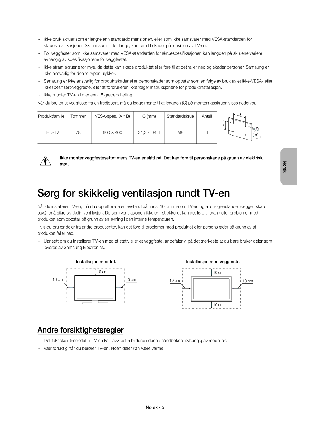 Samsung UE78HU8505QXXE manual Sørg for skikkelig ventilasjon rundt TV-en, Andre forsiktighetsregler, Tommer, Antall 