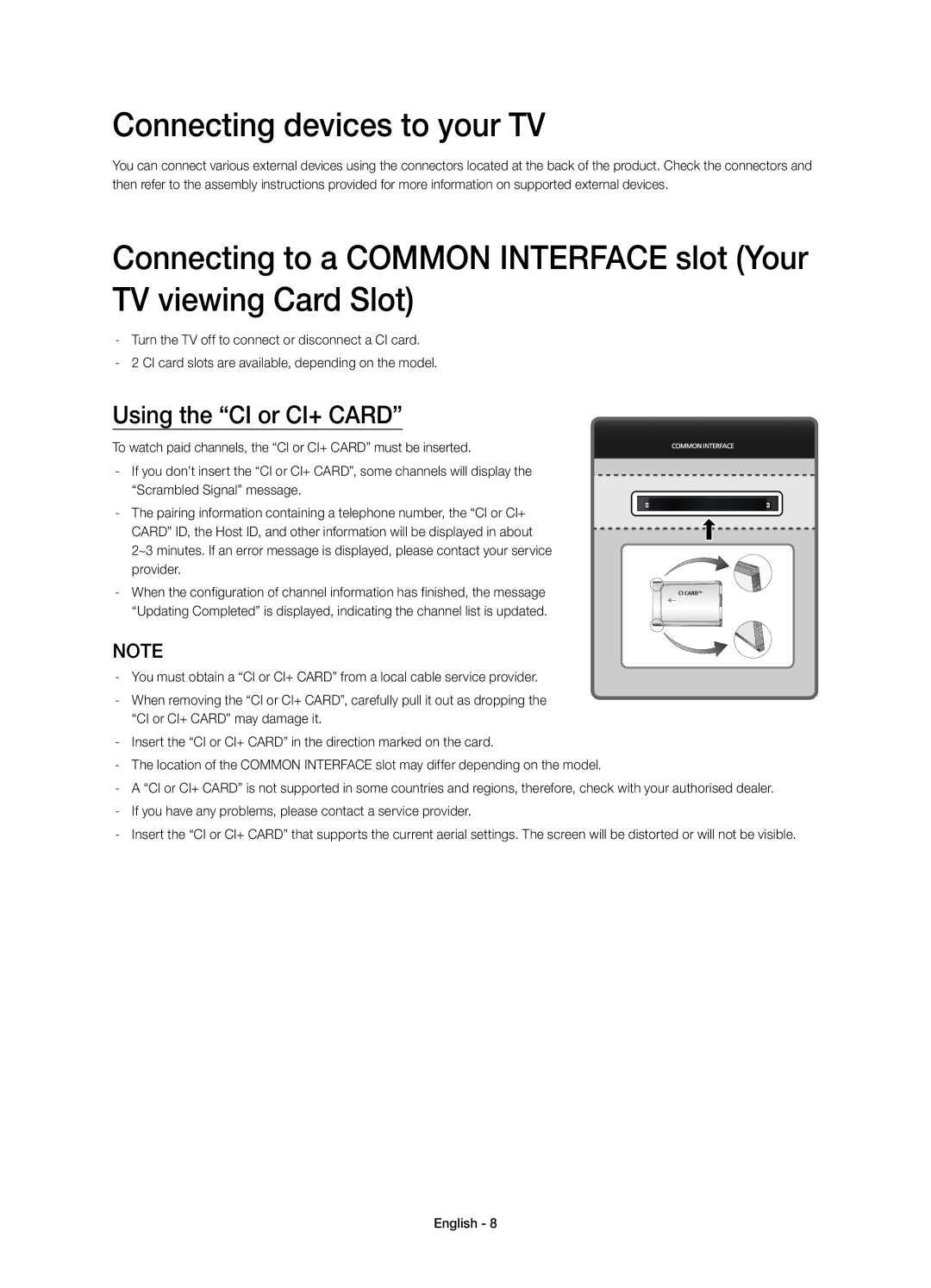 Samsung UE78HU8505QXXE manual Connecting devices to your TV, Using the CI or CI+ Card 