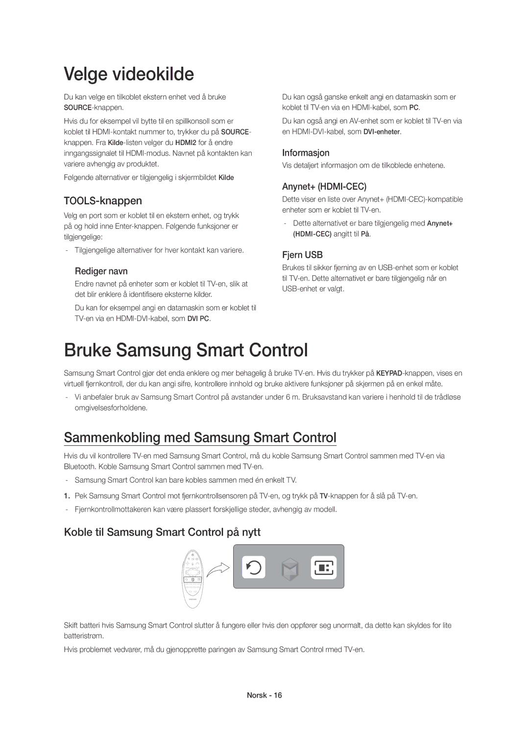 Samsung UE78HU8505QXXE manual Velge videokilde, Bruke Samsung Smart Control, Sammenkobling med Samsung Smart Control 