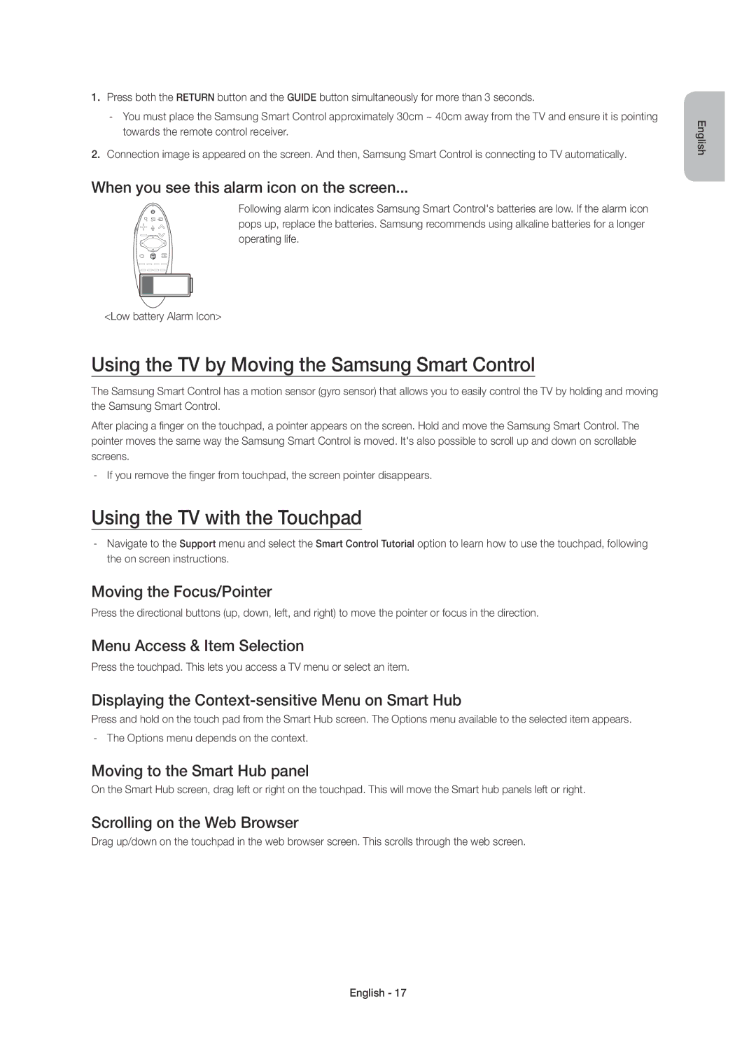 Samsung UE78HU8590VXZG manual Using the TV by Moving the Samsung Smart Control, Using the TV with the Touchpad 