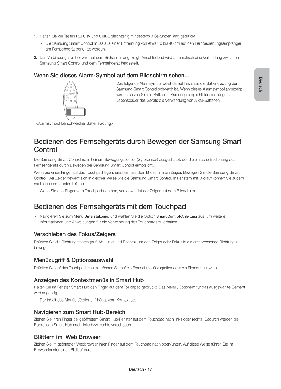 Samsung UE78HU8590VXZG manual Bedienen des Fernsehgeräts mit dem Touchpad 