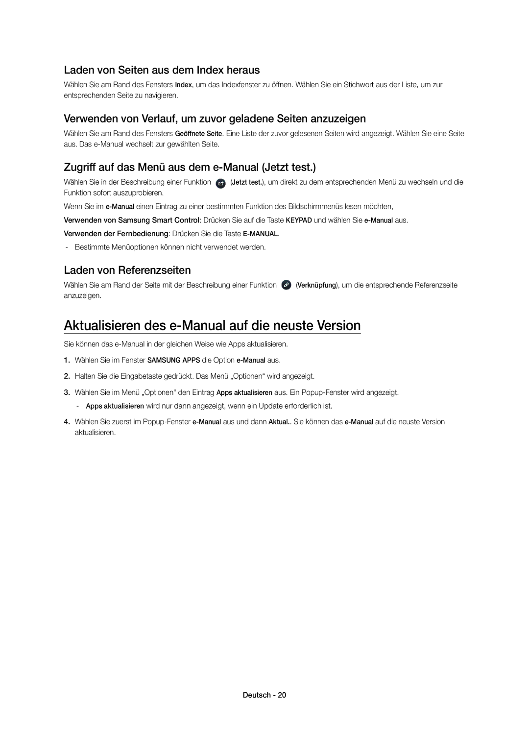 Samsung UE78HU8590VXZG manual Aktualisieren des e-Manual auf die neuste Version, Laden von Seiten aus dem Index heraus 