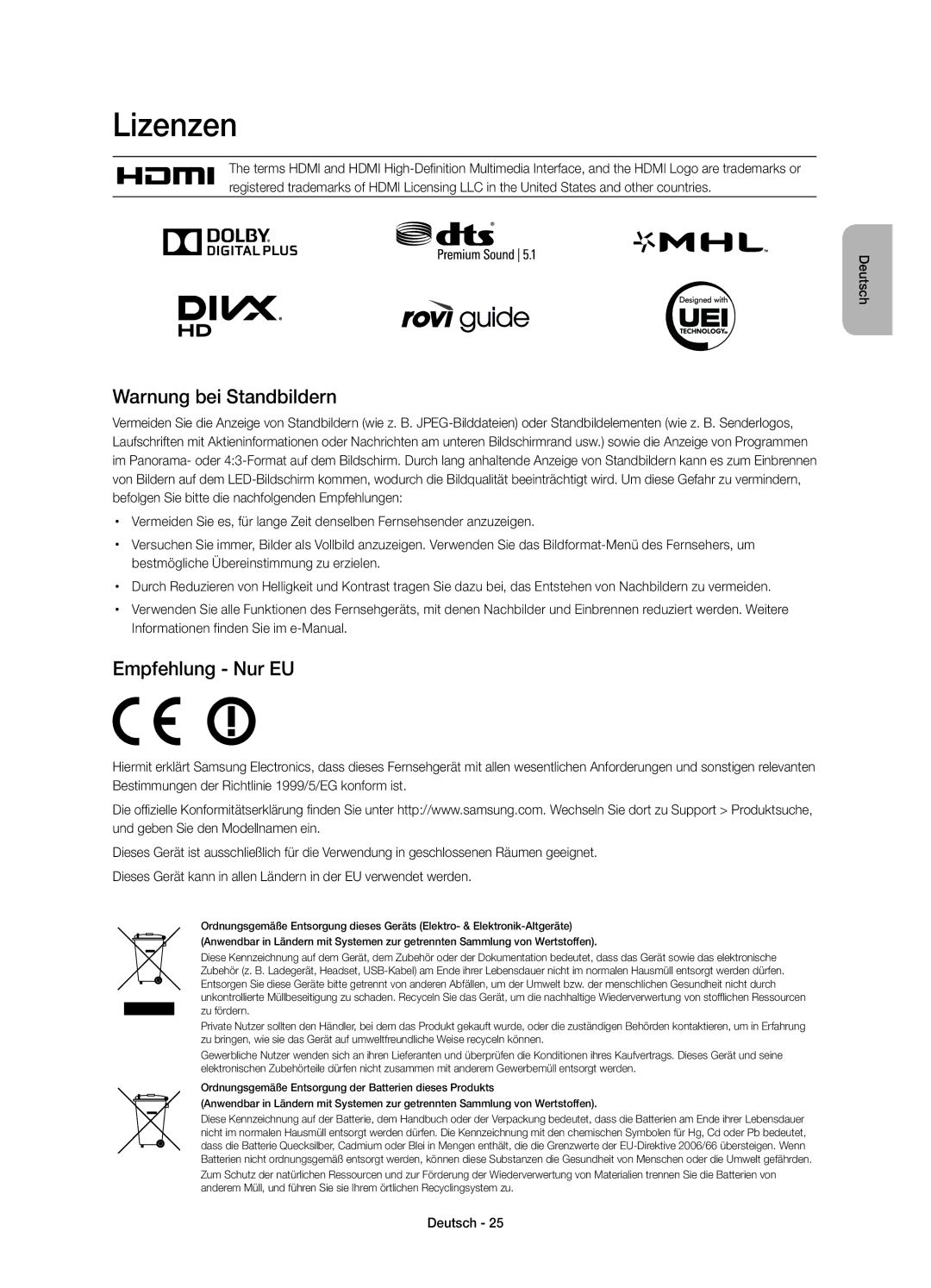 Samsung UE78HU8590VXZG manual Lizenzen, Warnung bei Standbildern, Empfehlung Nur EU 