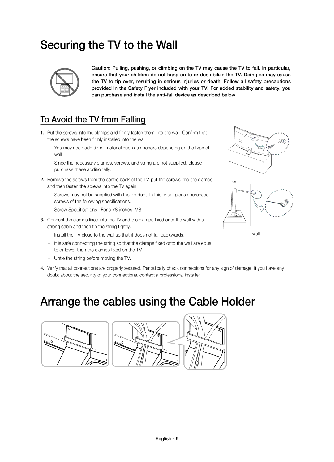 Samsung UE78HU9000TXUZ, UE78HU9000TXRU manual Securing the TV to the Wall, Arrange the cables using the Cable Holder 