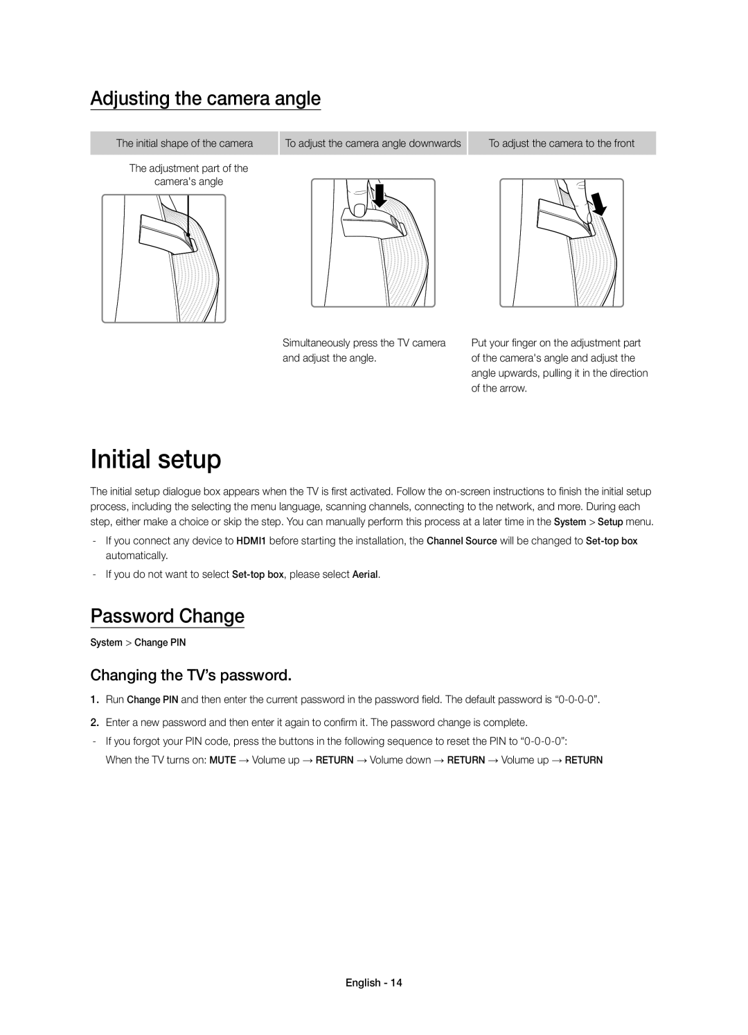 Samsung UE78HU9000TXUZ manual Initial setup, Adjusting the camera angle, Password Change, Changing the TV’s password 