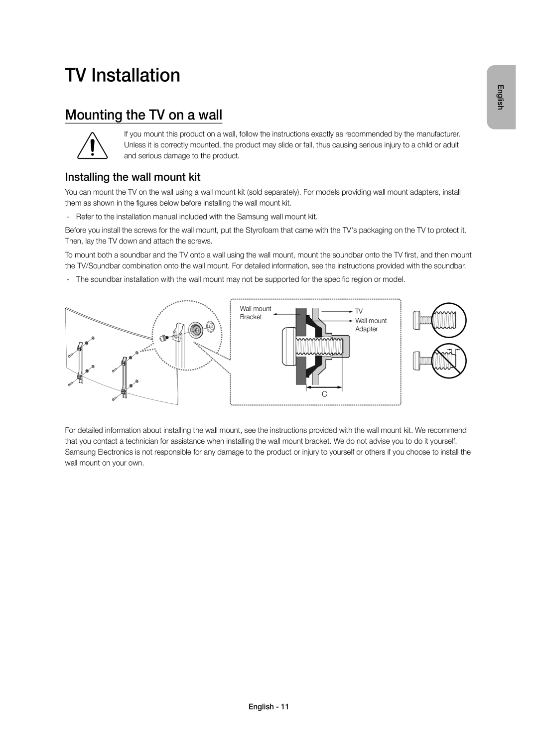 Samsung UE65JS9505QXXE, UE78JS9505QXXE manual TV Installation, Mounting the TV on a wall, Installing the wall mount kit 