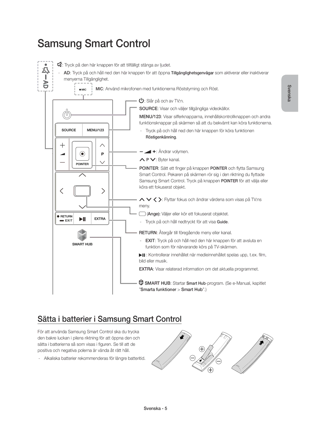 Samsung UE88JS9505QXXE manual Sätta i batterier i Samsung Smart Control, Return Återgår till föregående meny eller kanal 