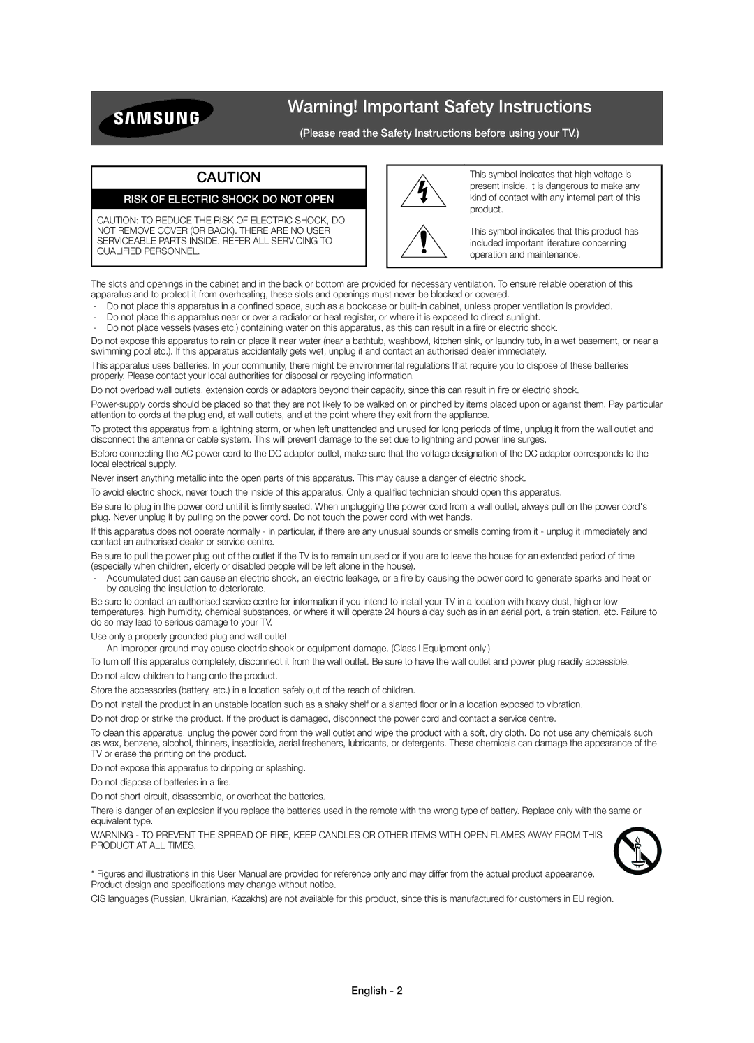 Samsung UE65JS9505QXXE, UE78JS9505QXXE, UE88JS9505QXXE manual Risk of Electric Shock do not Open, English 