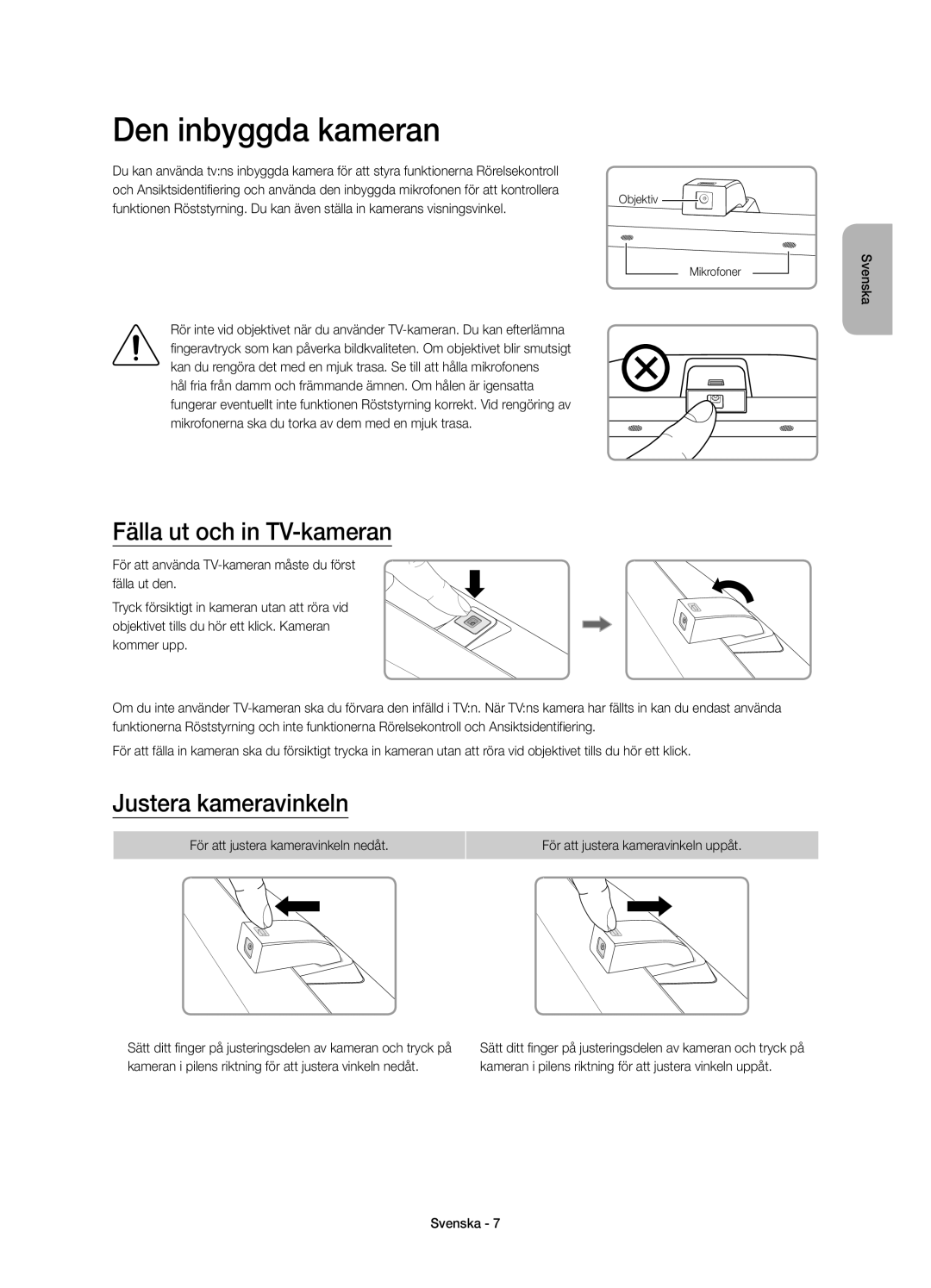 Samsung UE78JS9505QXXE, UE88JS9505QXXE manual Den inbyggda kameran, Fälla ut och in TV-kameran, Justera kameravinkeln 