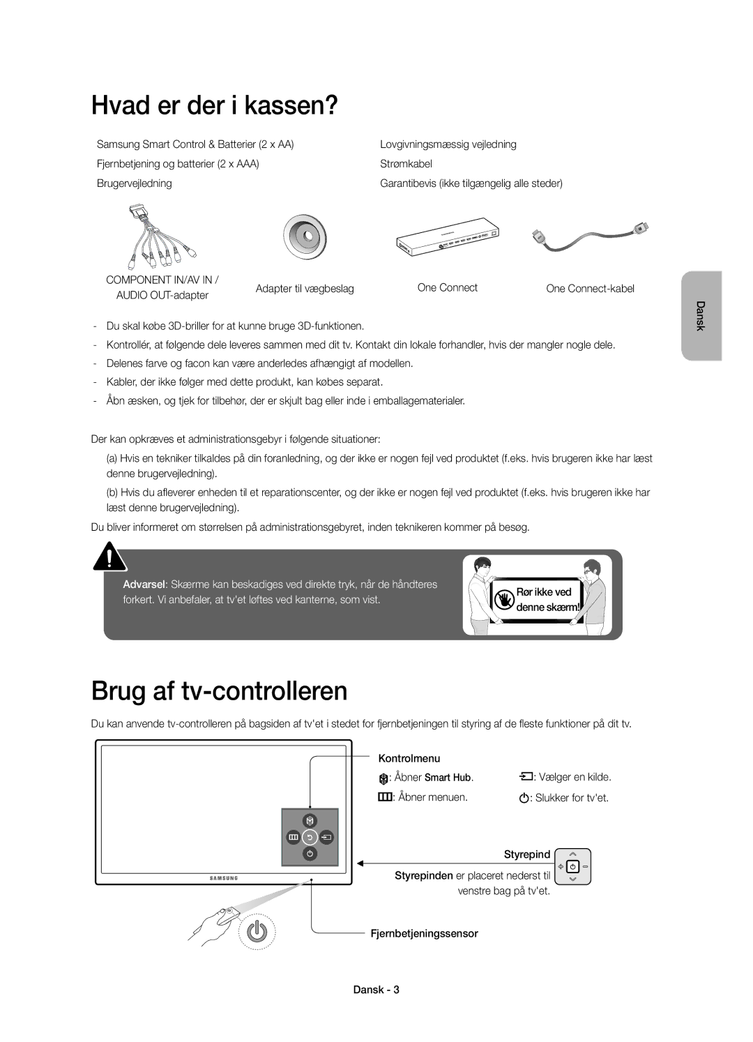 Samsung UE88JS9505QXXE manual Hvad er der i kassen?, Brug af tv-controlleren, Adapter til vægbeslag One Connect, Styrepind 