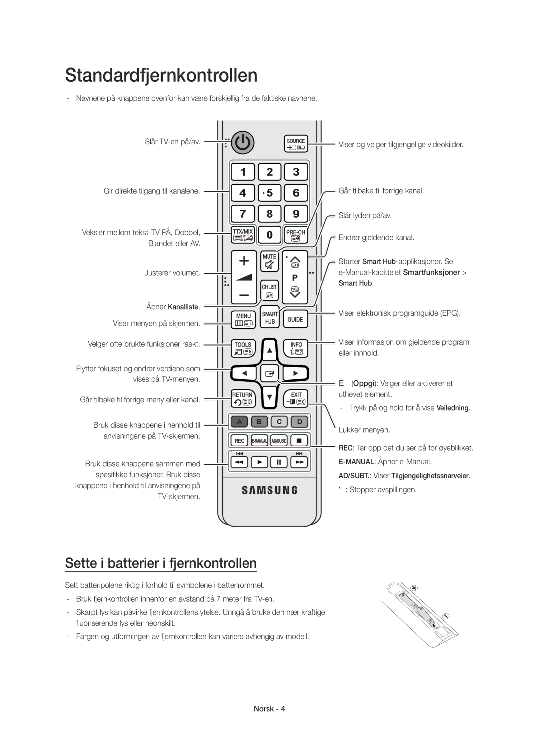 Samsung UE88JS9505QXXE, UE78JS9505QXXE, UE65JS9505QXXE manual Standardfjernkontrollen, Sette i batterier i fjernkontrollen 