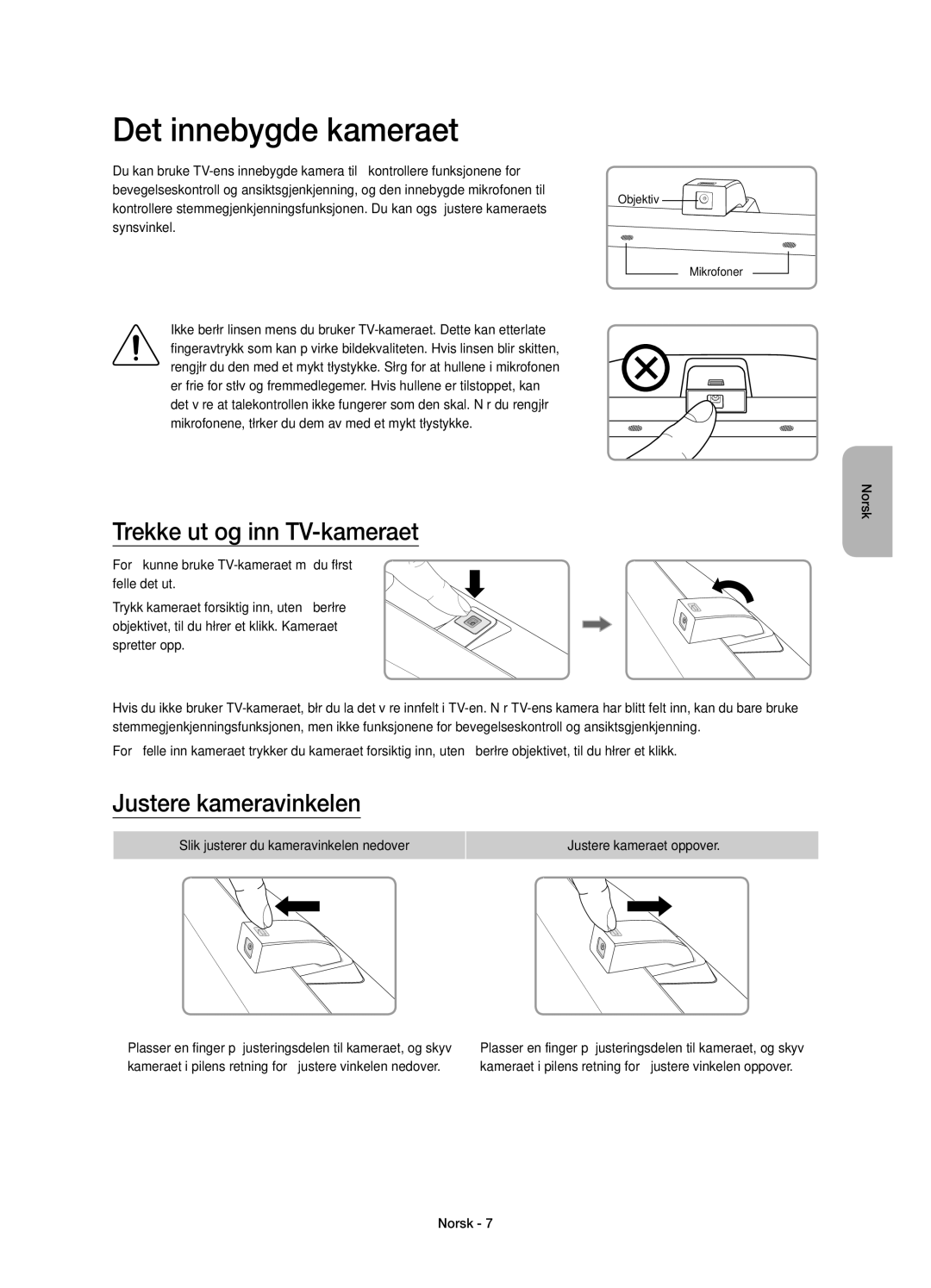 Samsung UE88JS9505QXXE manual Det innebygde kameraet, Trekke ut og inn TV-kameraet, Justere kameravinkelen, Synsvinkel 