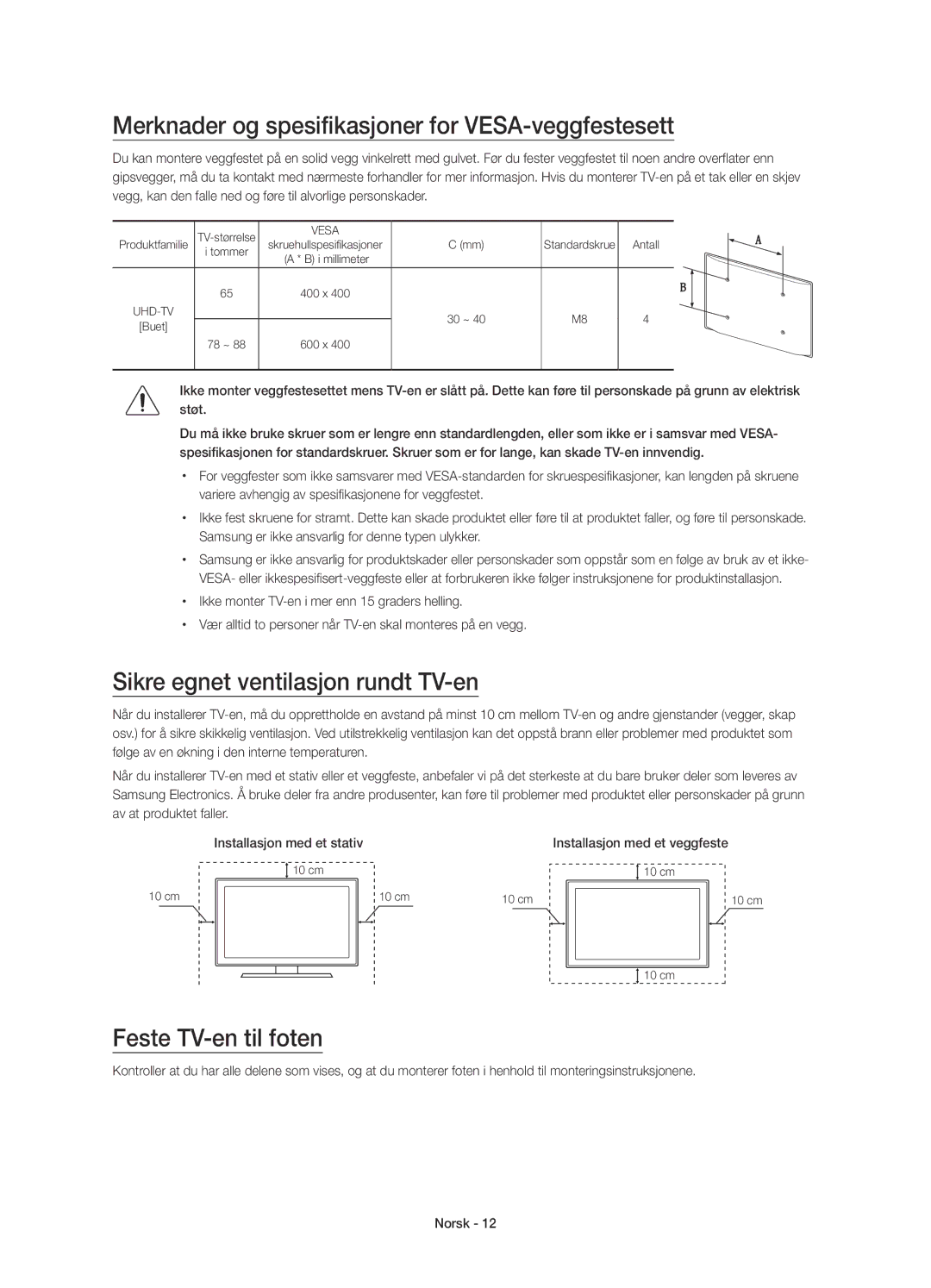 Samsung UE78JS9505QXXE manual Merknader og spesifikasjoner for VESA-veggfestesett, Sikre egnet ventilasjon rundt TV-en 