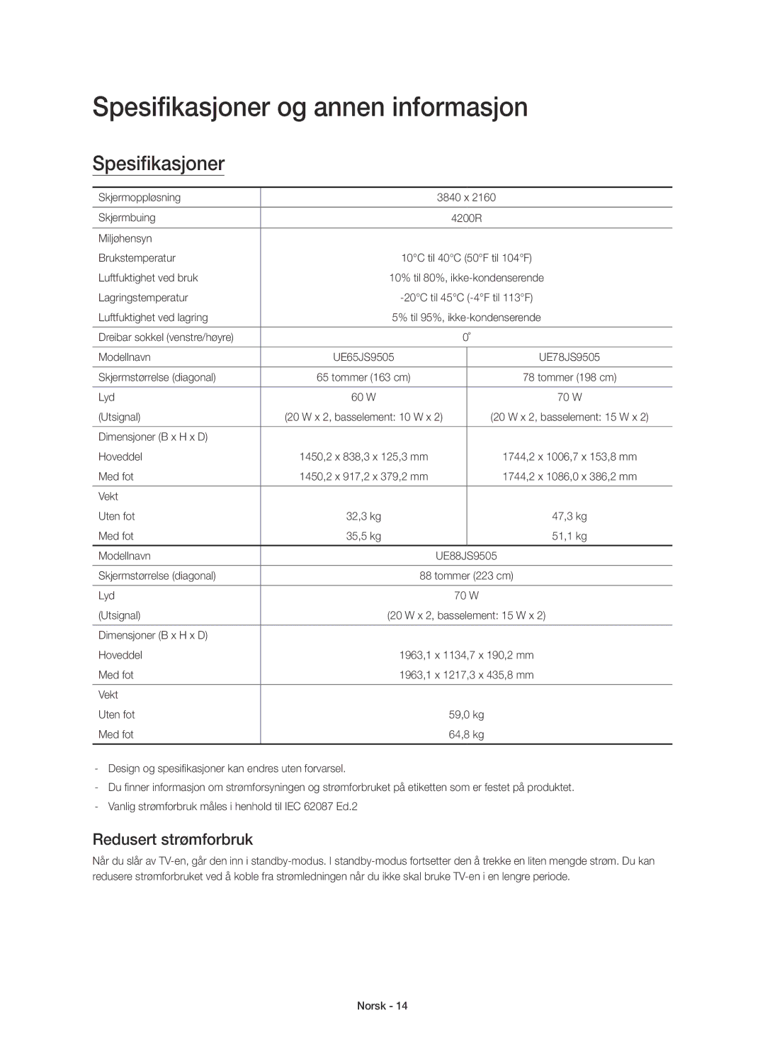 Samsung UE65JS9505QXXE, UE78JS9505QXXE, UE88JS9505QXXE manual Spesifikasjoner og annen informasjon, Redusert strømforbruk 