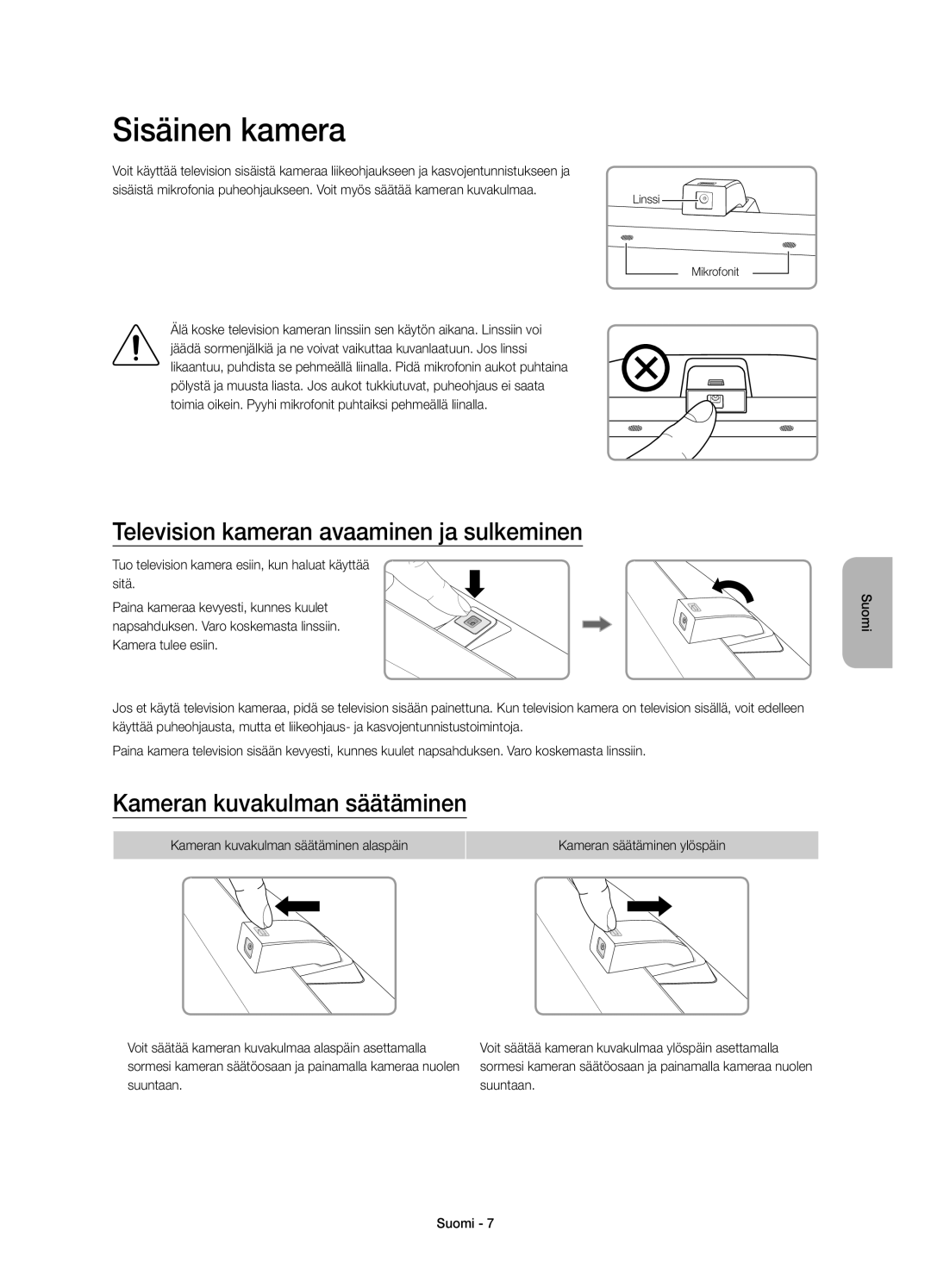 Samsung UE78JS9505QXXE manual Sisäinen kamera, Television kameran avaaminen ja sulkeminen, Kameran kuvakulman säätäminen 