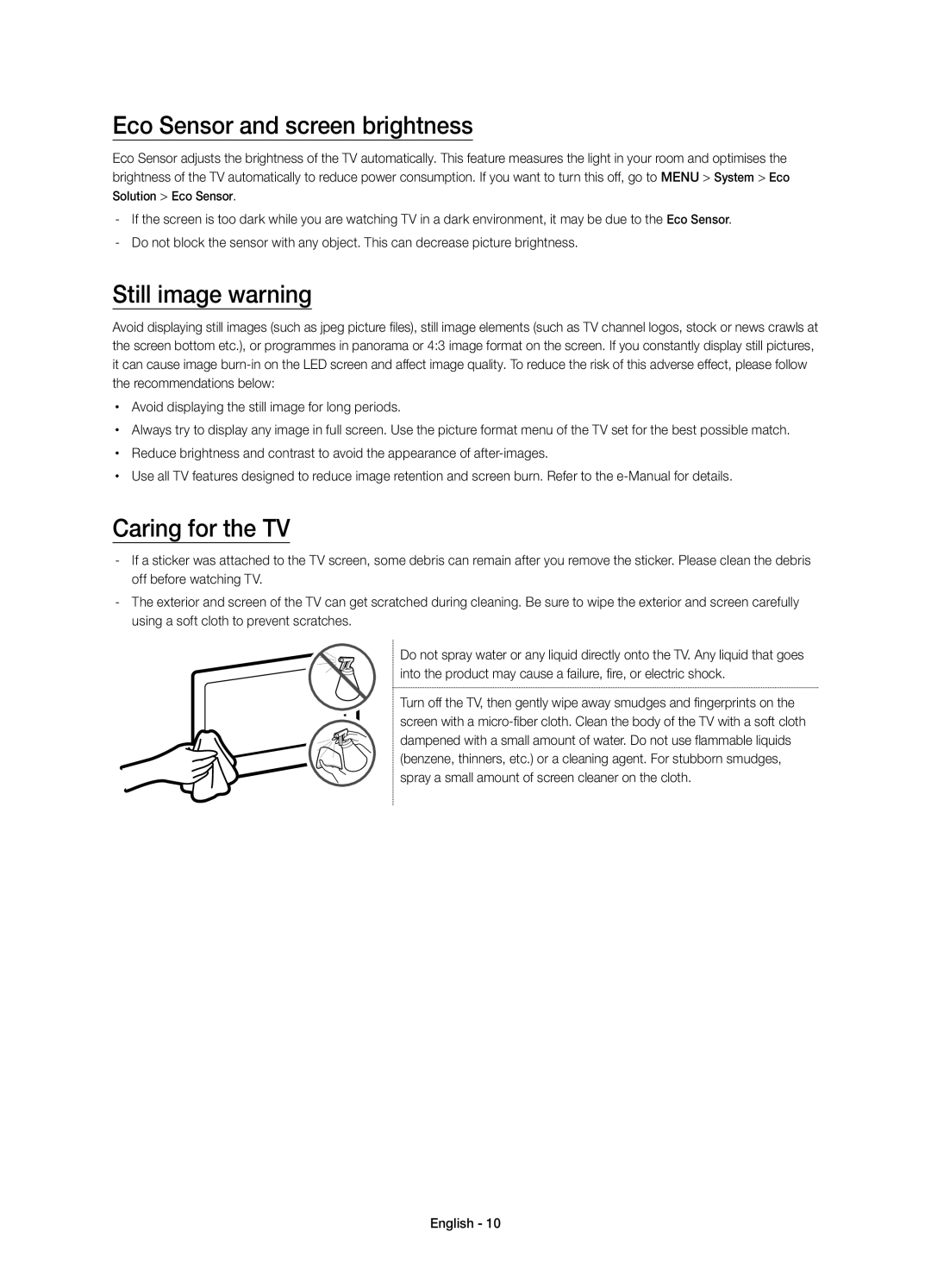 Samsung UE88JS9580QXZG, UE78JS9590QXZG manual Eco Sensor and screen brightness, Still image warning, Caring for the TV 