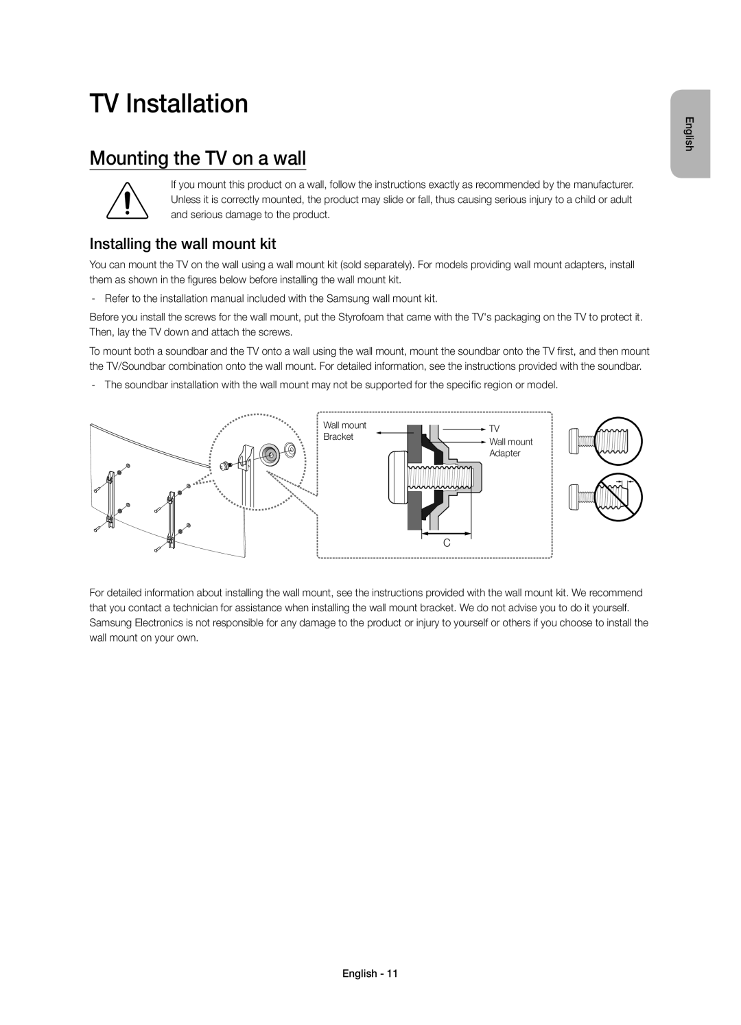 Samsung UE78JS9580QXZG, UE78JS9590QXZG manual TV Installation, Mounting the TV on a wall, Installing the wall mount kit 