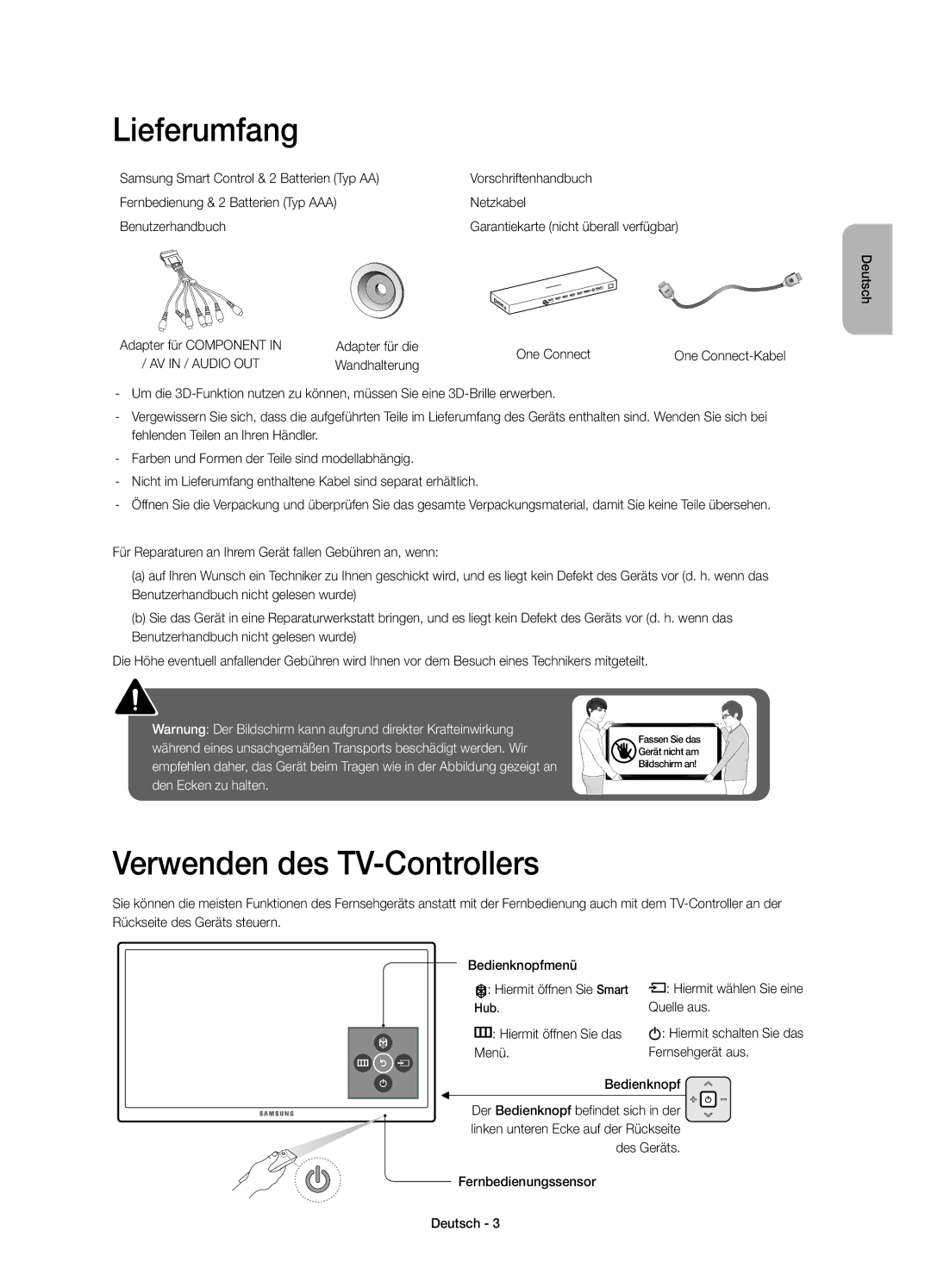 Samsung UE78JS9580QXZG Lieferumfang, Verwenden des TV-Controllers, Adapter für die One Connect, Wandhalterung, Quelle aus 