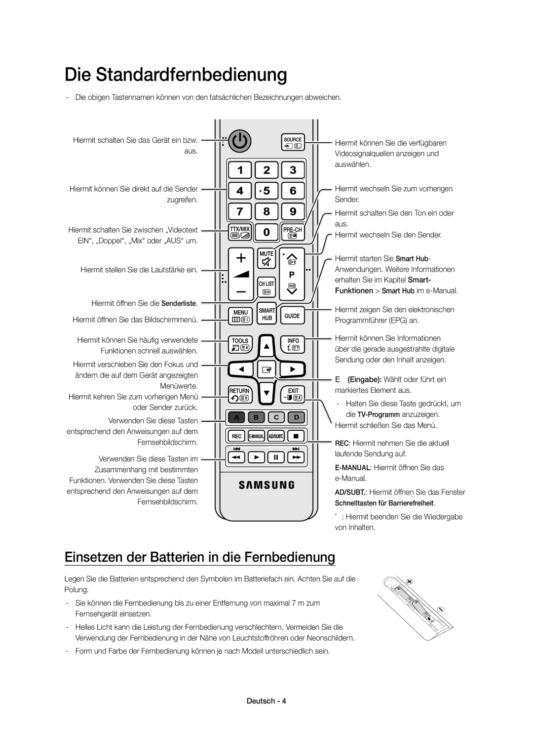 Samsung UE78JS9590QXZG, UE65JS9590QXZG manual Die Standardfernbedienung, Einsetzen der Batterien in die Fernbedienung 